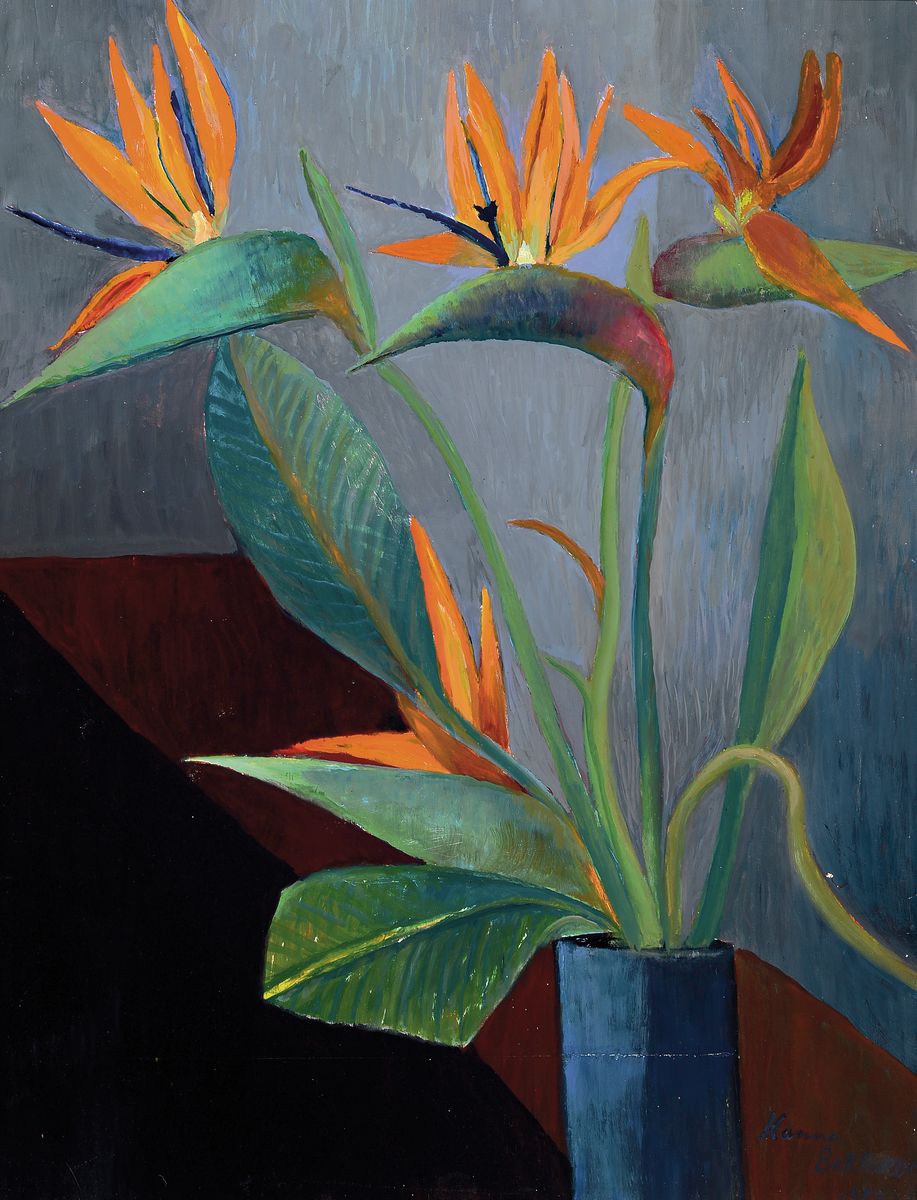 Hanna Becker vom Rath, 1893-1983, Stillleben mit Strelizien, Öl/Hartfaser, rechts unten sign. und dat. 77, ca. 65x50cm, R. ca. 70x55cm