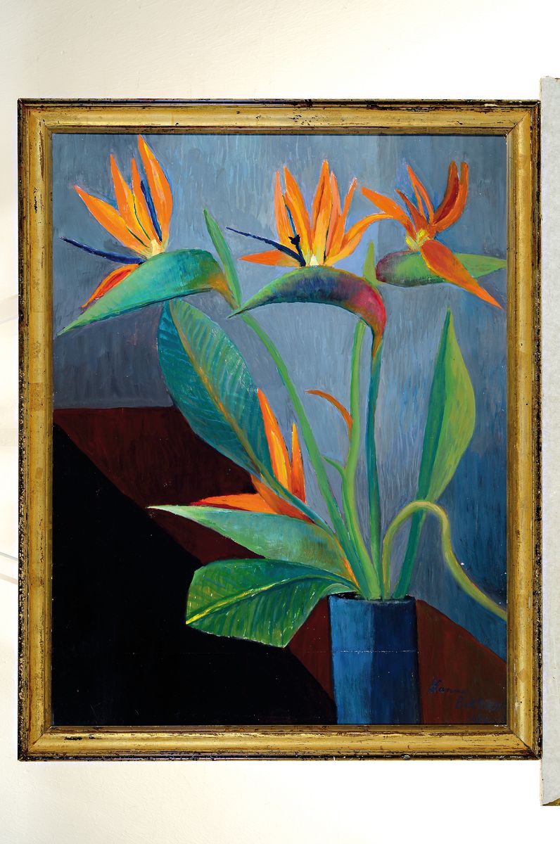 Detail k: Hanna Becker vom Rath, 1893-1983, Stillleben mit Strelizien, Öl/Hartfaser, rechts unten sign. und dat. 77, ca. 65x50cm, R. ca. 70x55cm