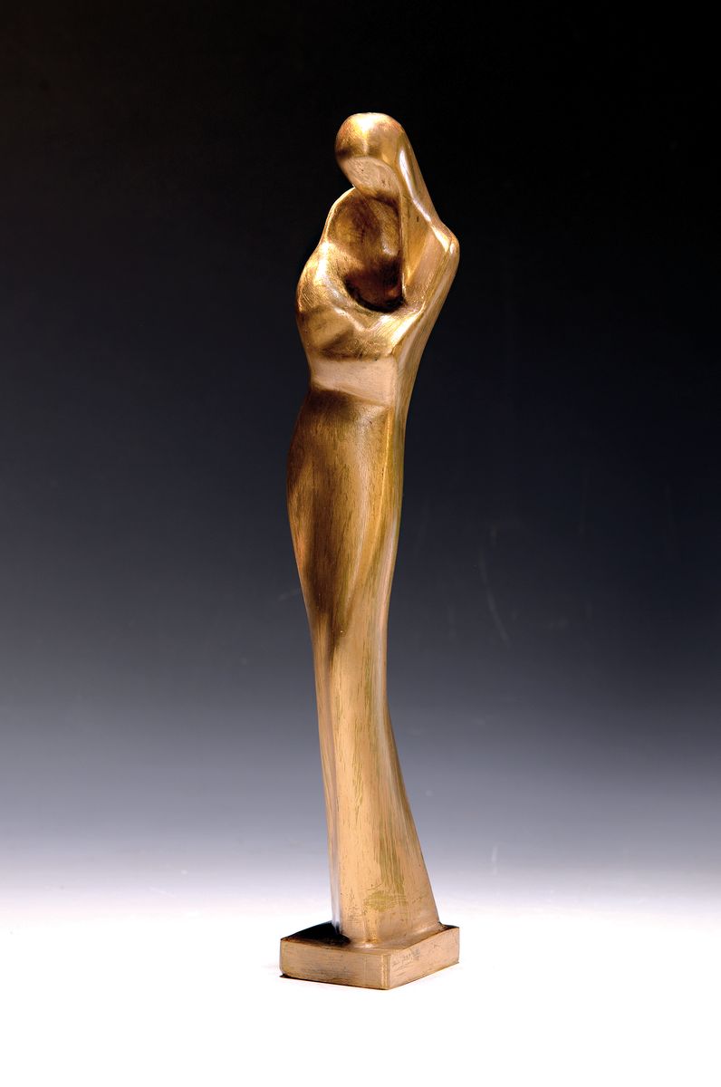 Rene Deamen, Bildhauer der 1.H. des 20.Jh., Eisenfigurine, "Maternite", Entw. 1930er Jahre, Vergoldung sekundär, stehende weibliche Figur, ...