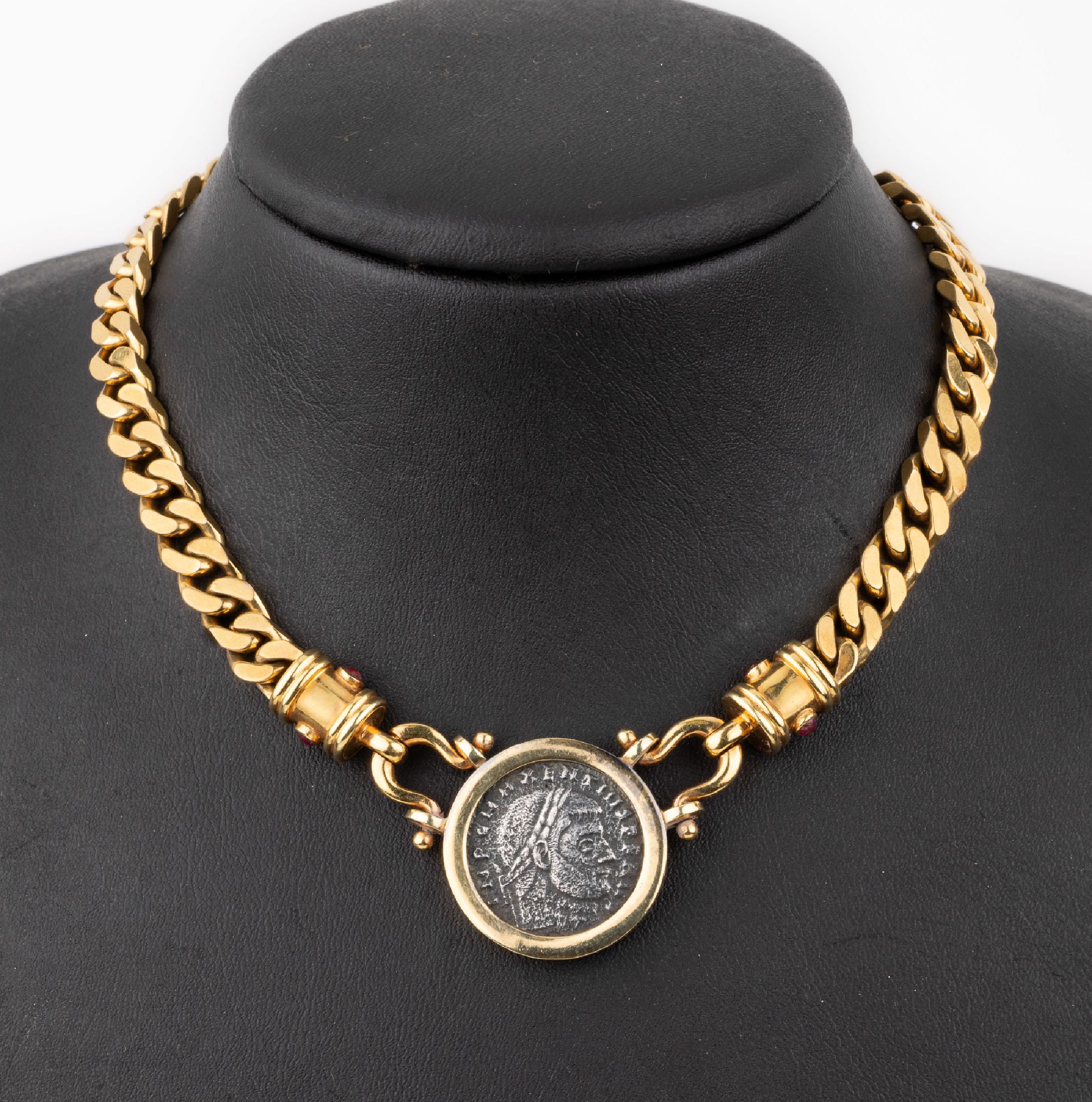 14 kt Gold Münz-Collier, GG 585/000, Mittelteil mit gefasster Münze, Follis, römisches Kaiserreich, Constantinus I., Prägezeit 316-317 n. Chr., ...