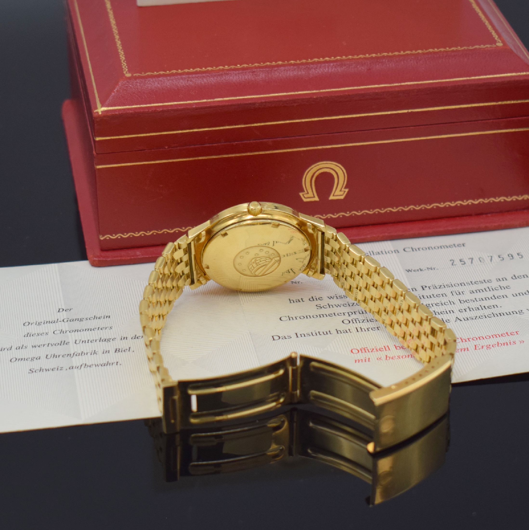 Detail d: OMEGA seltener Armbandchronometer Constellation II De Luxe Calendar in GG 750/000 Referenz 168.010/11, Automatik, verschr. Geh., orig. GG 750/000 ...