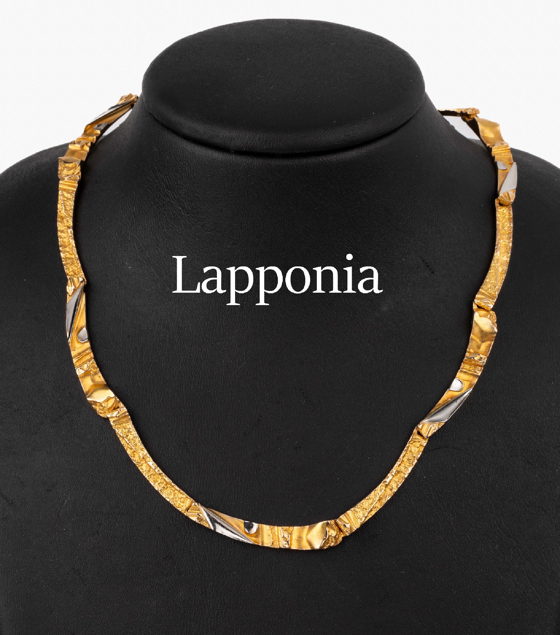 14 kt Gold LAPPONIA-Collier, GG/WG 585/000,Finland 1993, typisches abstraktes Design, D. ca. 12.5 x 13.5 cm, ca. 36.3 g, Kastenschloß mit ...