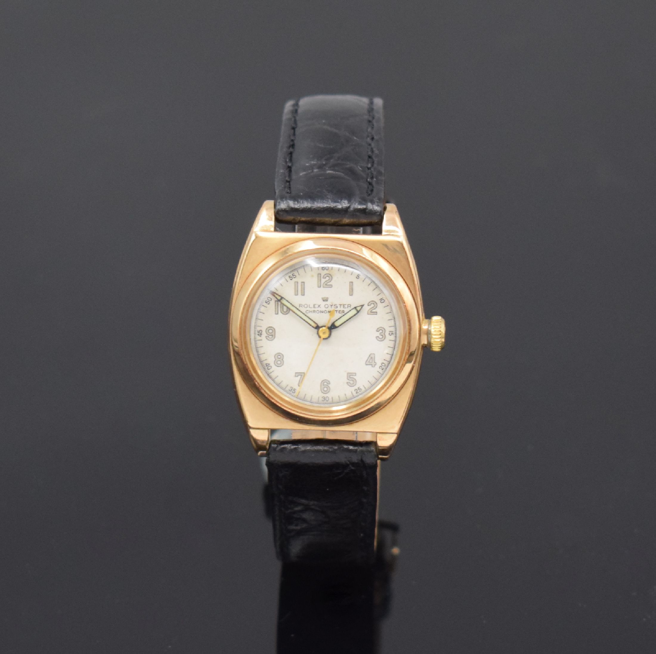 ROLEX Oyster Chronometer seltene Armbanduhr in RG 585/000 Referenz 3116, Handaufzug, Schweiz um 1938, Boden und Krone verschr., Lederband m. orig. GG ...