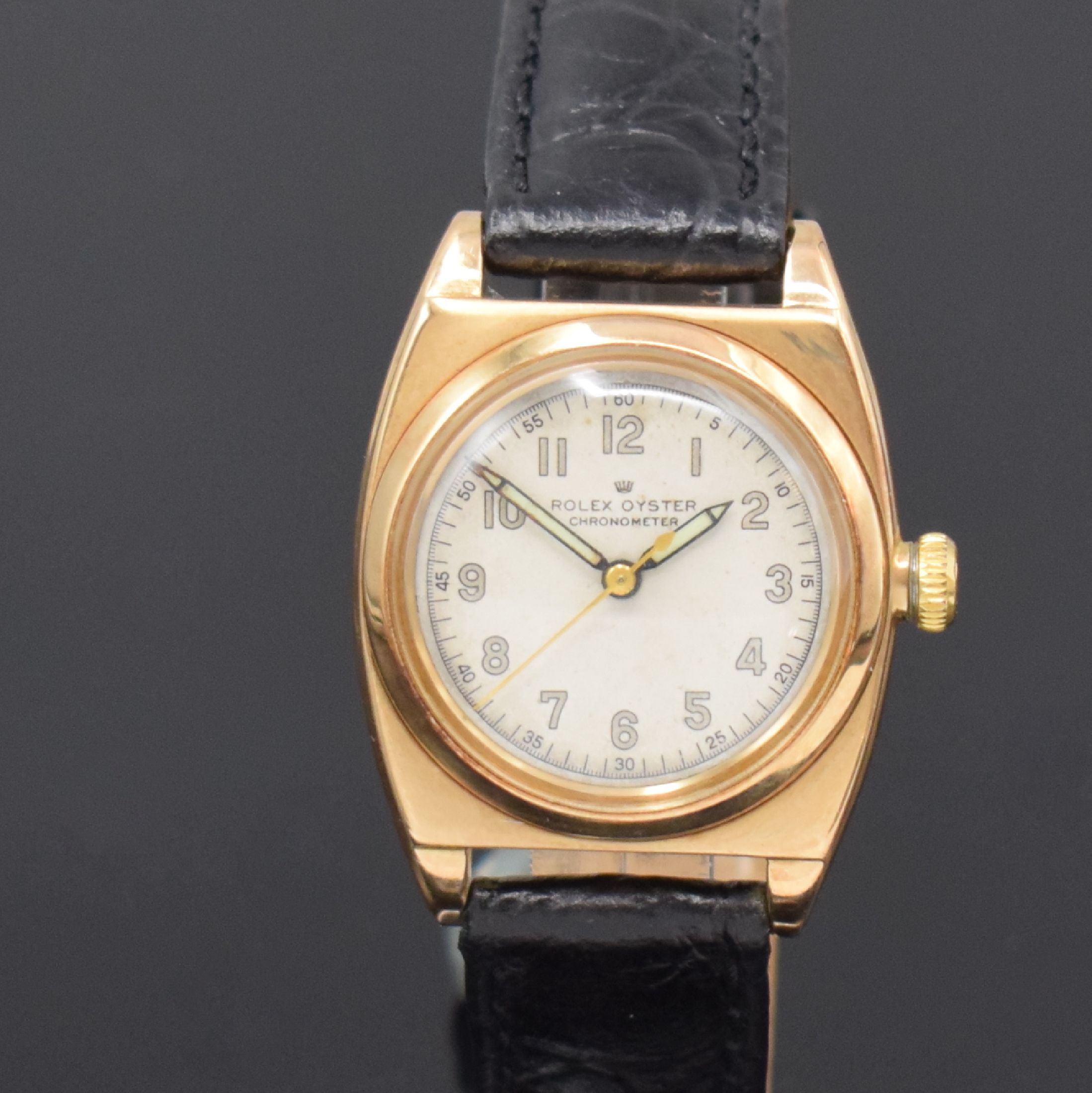 Detail a: ROLEX Oyster Chronometer seltene Armbanduhr in RG 585/000 Referenz 3116, Handaufzug, Schweiz um 1938, Boden und Krone verschr., Lederband m. orig. GG ...