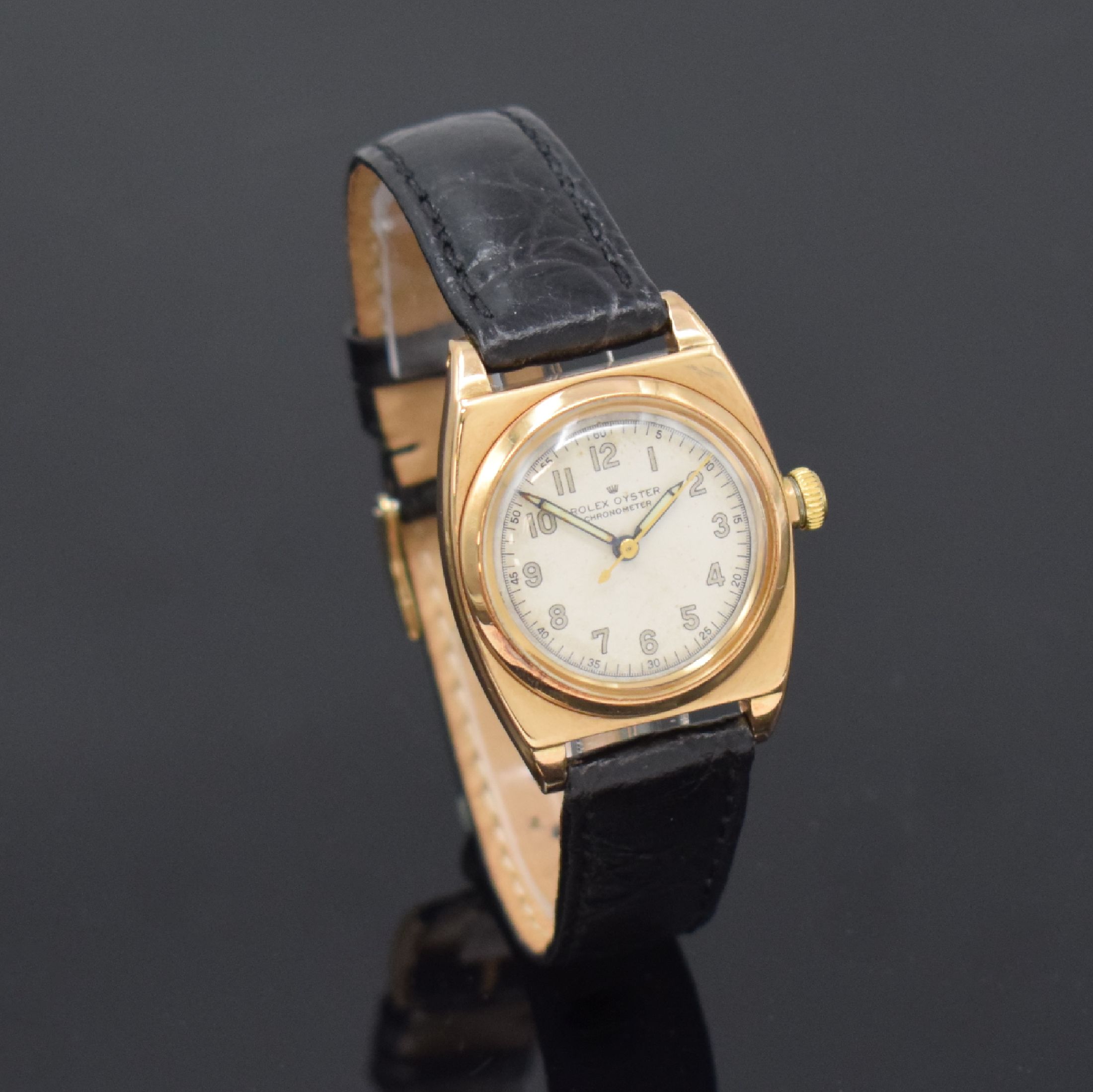 Detail b: ROLEX Oyster Chronometer seltene Armbanduhr in RG 585/000 Referenz 3116, Handaufzug, Schweiz um 1938, Boden und Krone verschr., Lederband m. orig. GG ...
