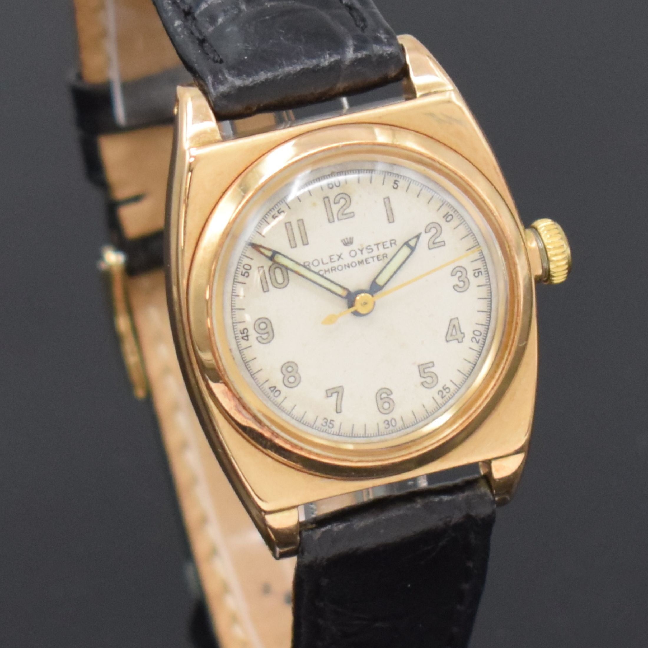 Detail c: ROLEX Oyster Chronometer seltene Armbanduhr in RG 585/000 Referenz 3116, Handaufzug, Schweiz um 1938, Boden und Krone verschr., Lederband m. orig. GG ...