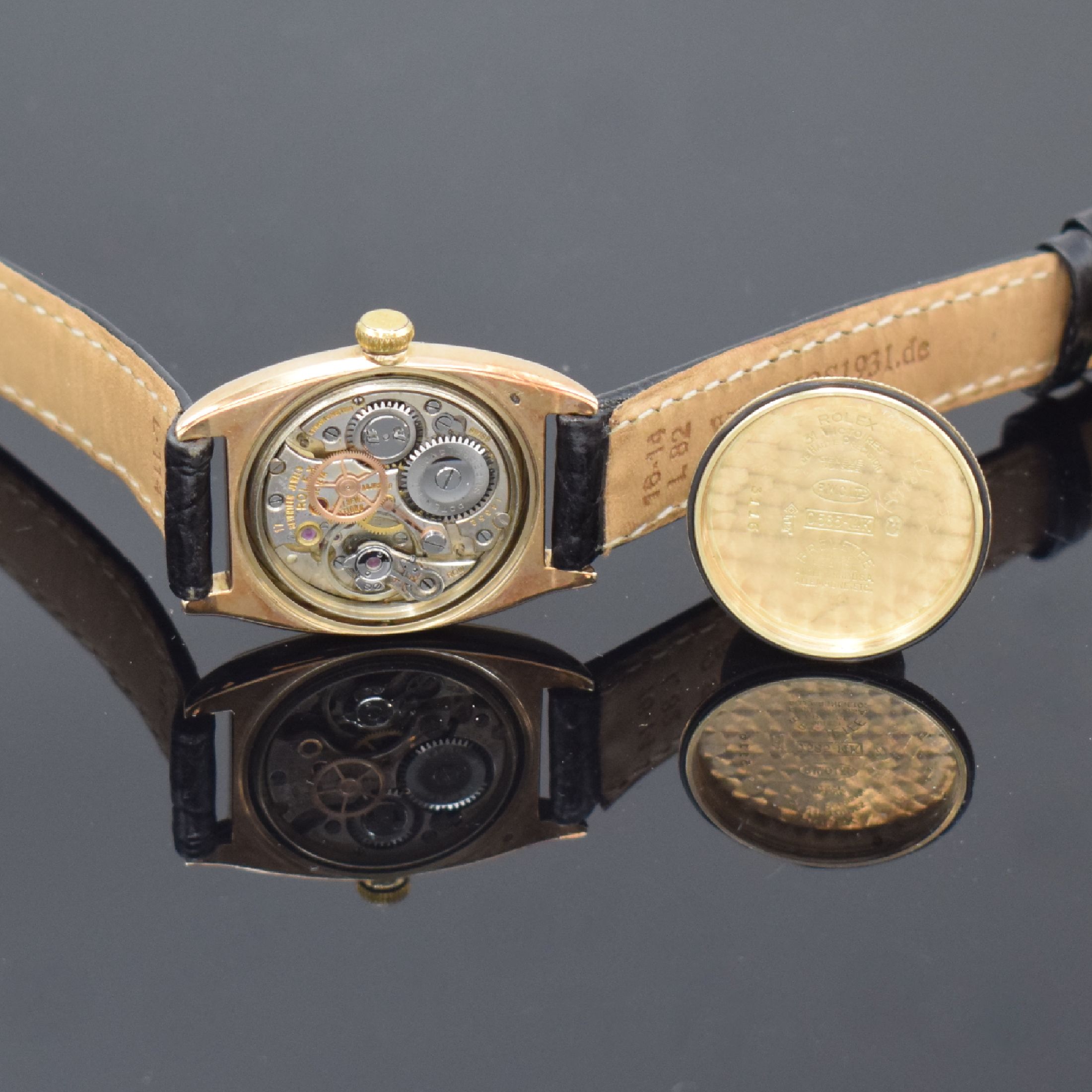 Detail d: ROLEX Oyster Chronometer seltene Armbanduhr in RG 585/000 Referenz 3116, Handaufzug, Schweiz um 1938, Boden und Krone verschr., Lederband m. orig. GG ...