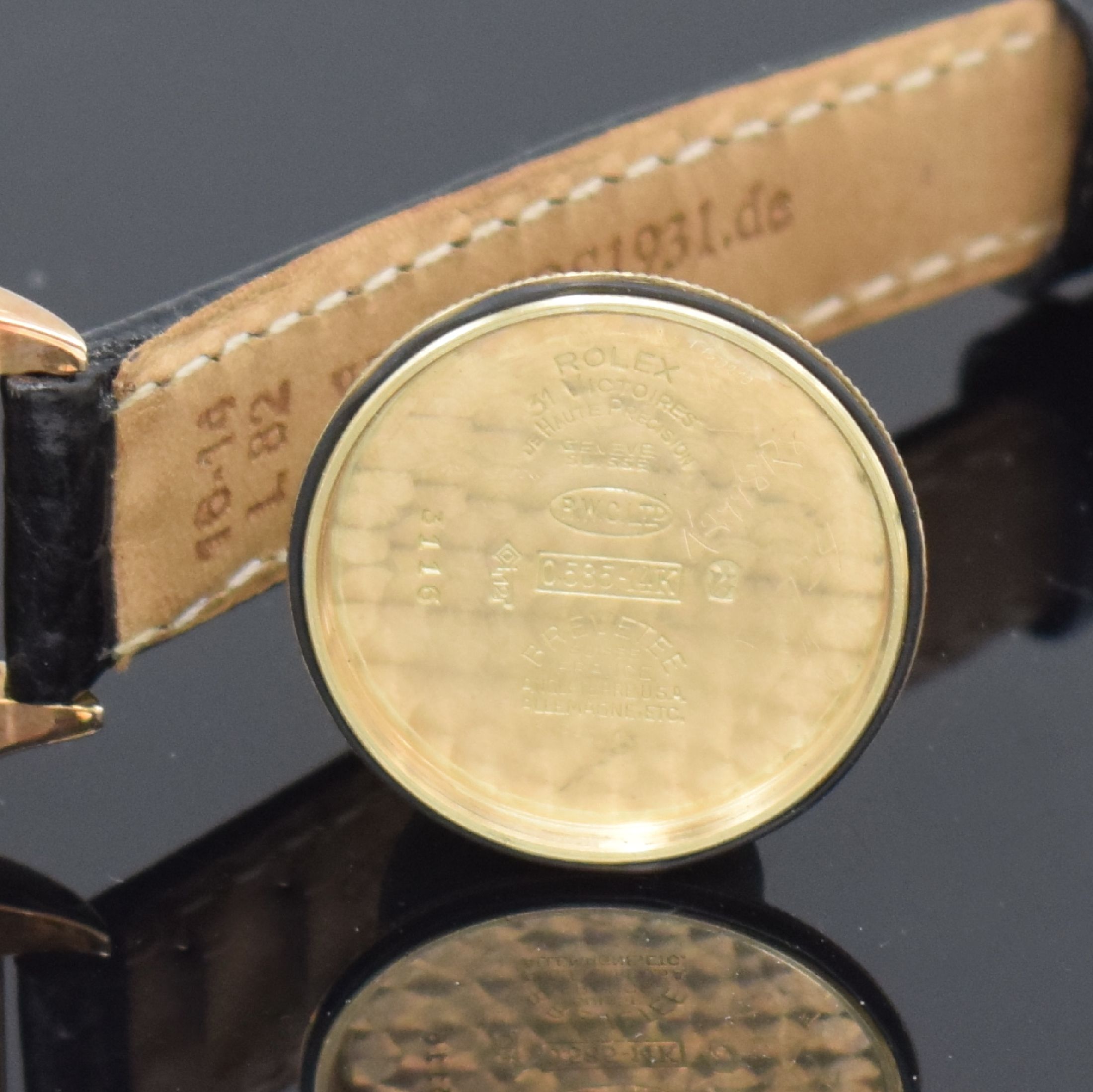 Detail e: ROLEX Oyster Chronometer seltene Armbanduhr in RG 585/000 Referenz 3116, Handaufzug, Schweiz um 1938, Boden und Krone verschr., Lederband m. orig. GG ...