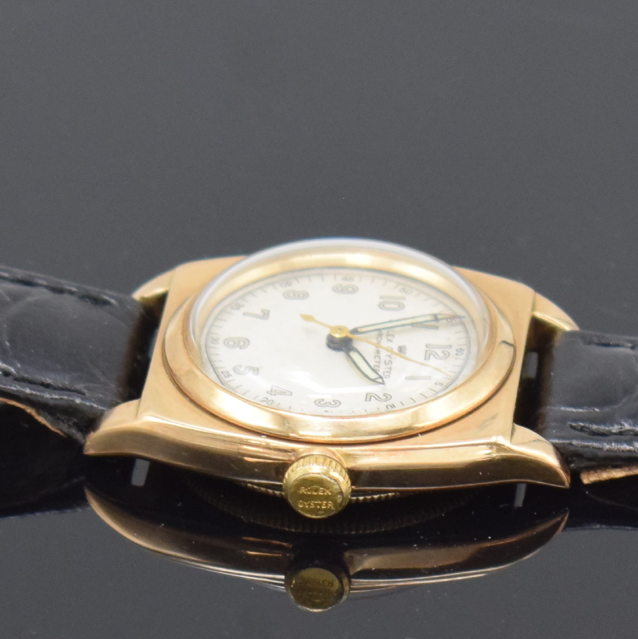 Detail g: ROLEX Oyster Chronometer seltene Armbanduhr in RG 585/000 Referenz 3116, Handaufzug, Schweiz um 1938, Boden und Krone verschr., Lederband m. orig. GG ...