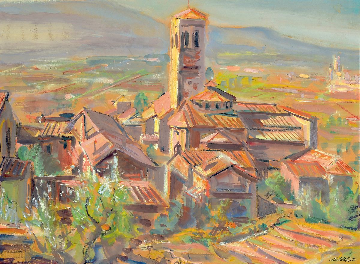 Wilhelm Kaufmann (1875 - 1975), Wiener Künstler, hier: wohl Ansicht von Asissi, Gouache auf Papier, signiert, ca. 45 x 60 cm, PP., unter Glas, ...