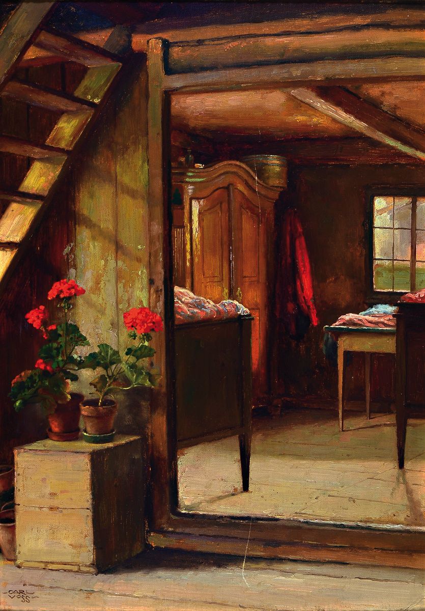 Carl Leopold Voss, 1856 Rom-1921 München, Interieur, rückseitig bez.: Tiroler Innenraum, Öl/Malkarton, links unten signiert, ca. 47x34cm, R. ca. ...