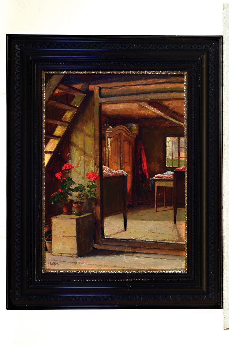 Detail k: Carl Leopold Voss, 1856 Rom-1921 München, Interieur, rückseitig bez.: Tiroler Innenraum, Öl/Malkarton, links unten signiert, ca. 47x34cm, R. ca. ...