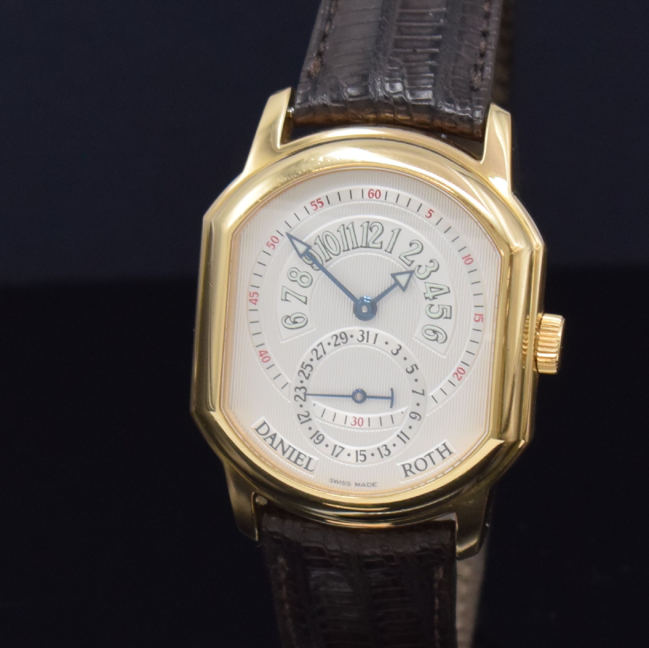 Detail a: DANIEL ROTH Herrenarmbanduhr Premier Retrograde in RG 750/000 Referenz 807.L.40, Automatik, Schweiz um 2000, Lederband m. orig. RG 750/000 Dornschl., ...