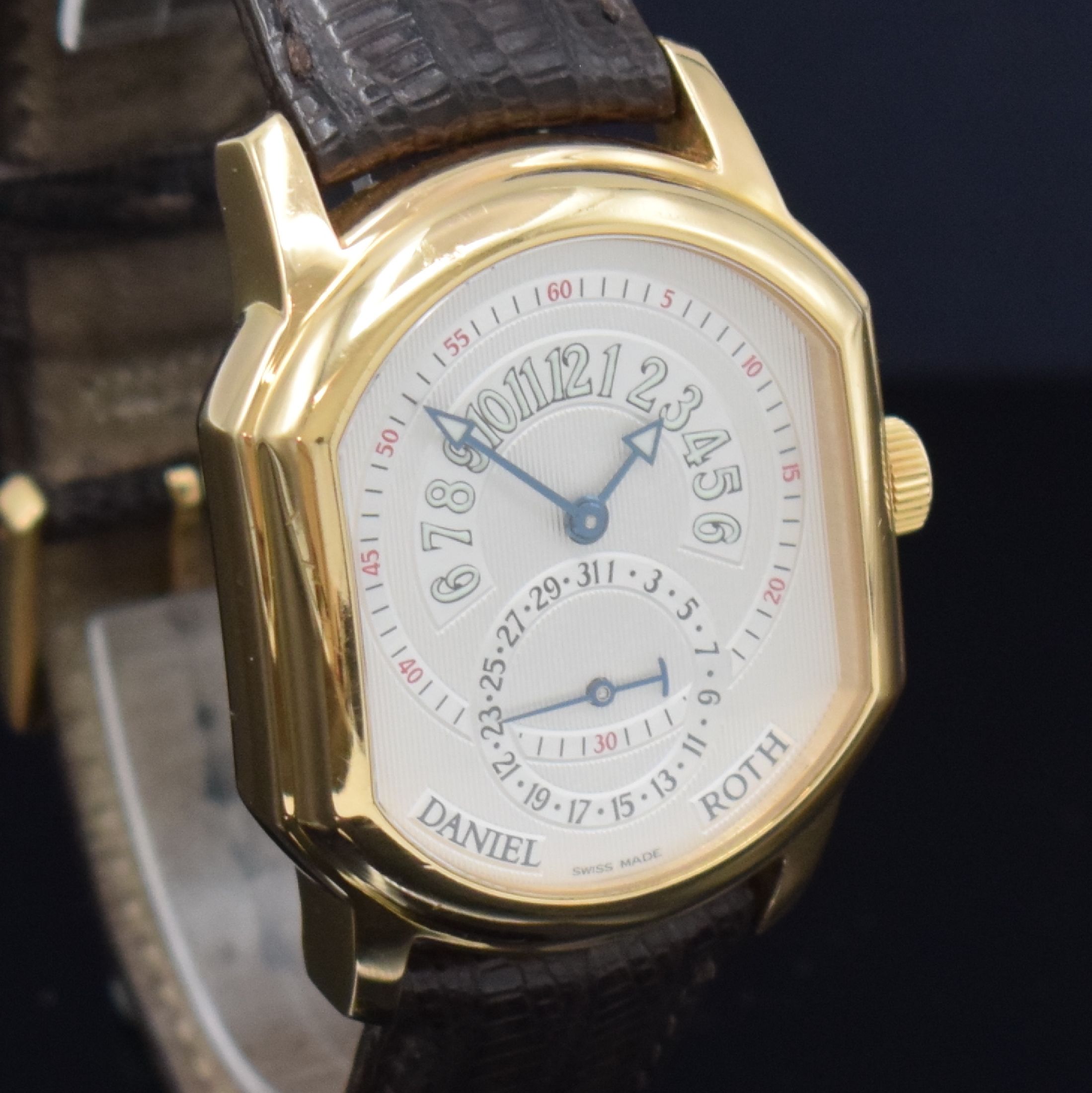 Detail c: DANIEL ROTH Herrenarmbanduhr Premier Retrograde in RG 750/000 Referenz 807.L.40, Automatik, Schweiz um 2000, Lederband m. orig. RG 750/000 Dornschl., ...
