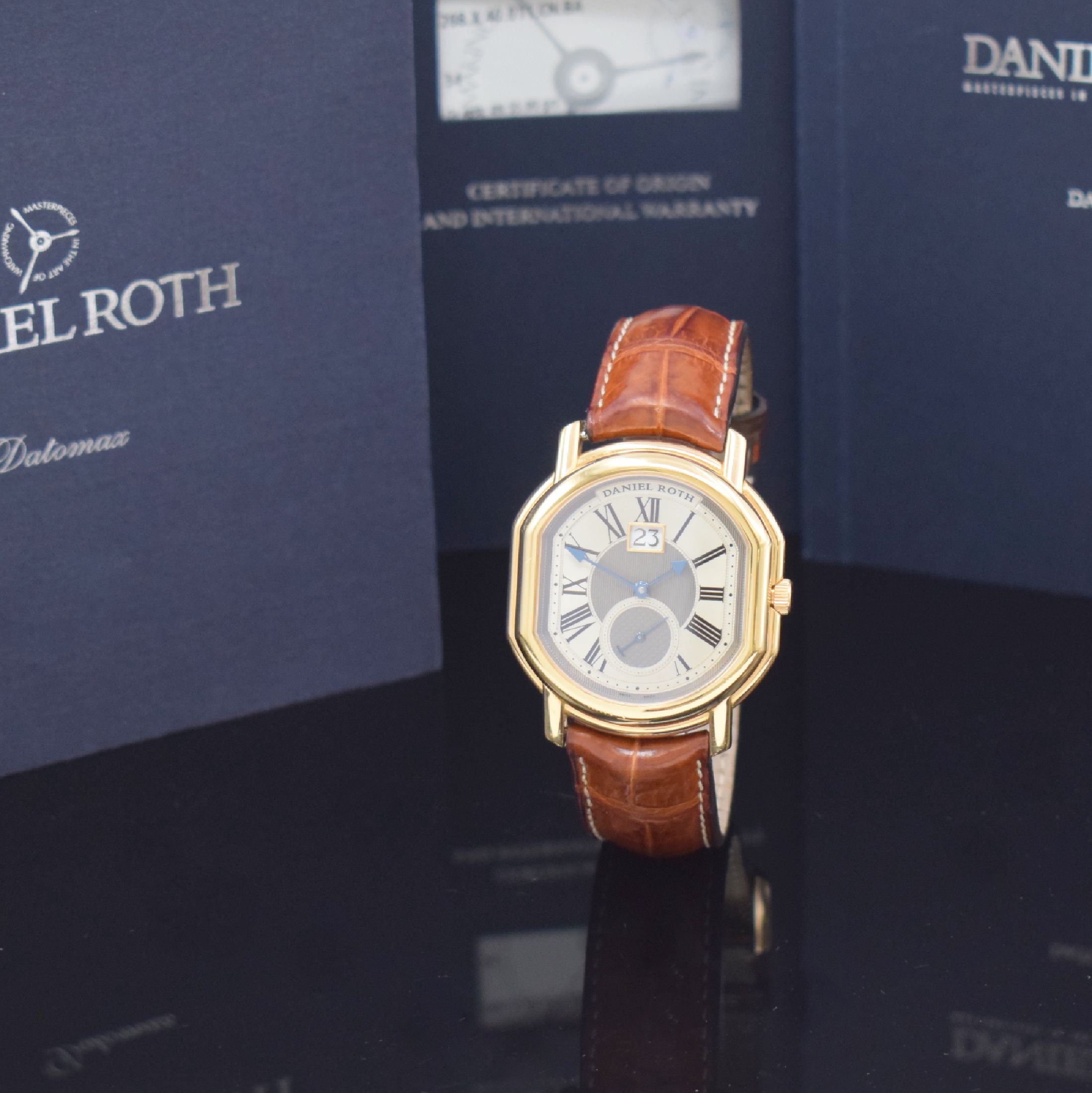 DANIEL ROTH Herrenarmbanduhr Serie Datomax in RG 750/000 Referenz 208.X.40.011.CN.BA, Automatik, beids. vergl. Geh., Boden 4-fach verschr., Lederband ...