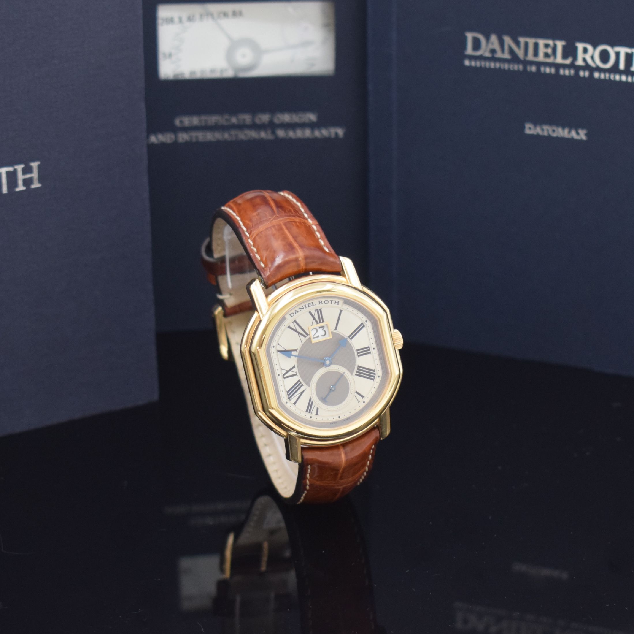 Detail c: DANIEL ROTH Herrenarmbanduhr Serie Datomax in RG 750/000 Referenz 208.X.40.011.CN.BA, Automatik, beids. vergl. Geh., Boden 4-fach verschr., Lederband ...
