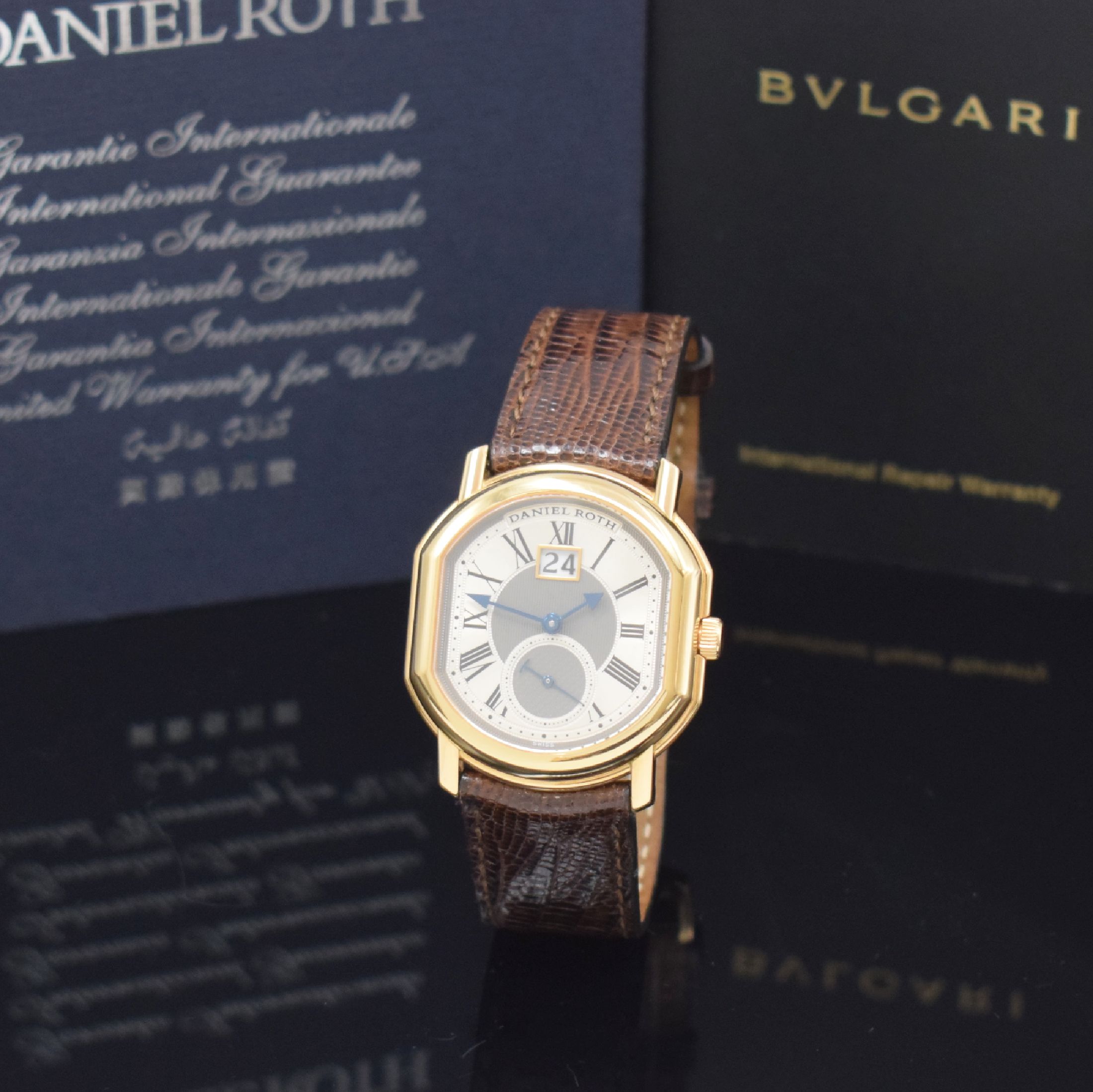 DANIEL ROTH Herrenarmbanduhr Serie Datomax in RG 750/000 Referenz 208.L.40.011.CN.BA, Automatik, Schweiz um 2009, beids. vergl. Geh., Boden aufgedr., ...