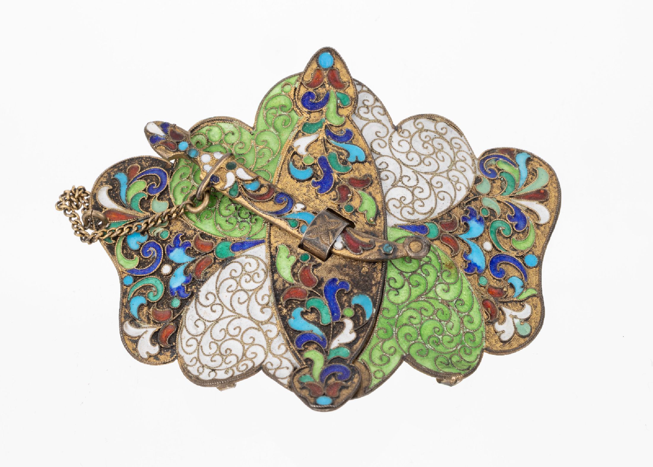Gürtelschließe, Russland 1908-1926, St. Petersburg, 84er Silber vergoldet, buntes Cloisonne Email abstr.-floral, typ. Säbelschließe, B. ca. 7.5 ...