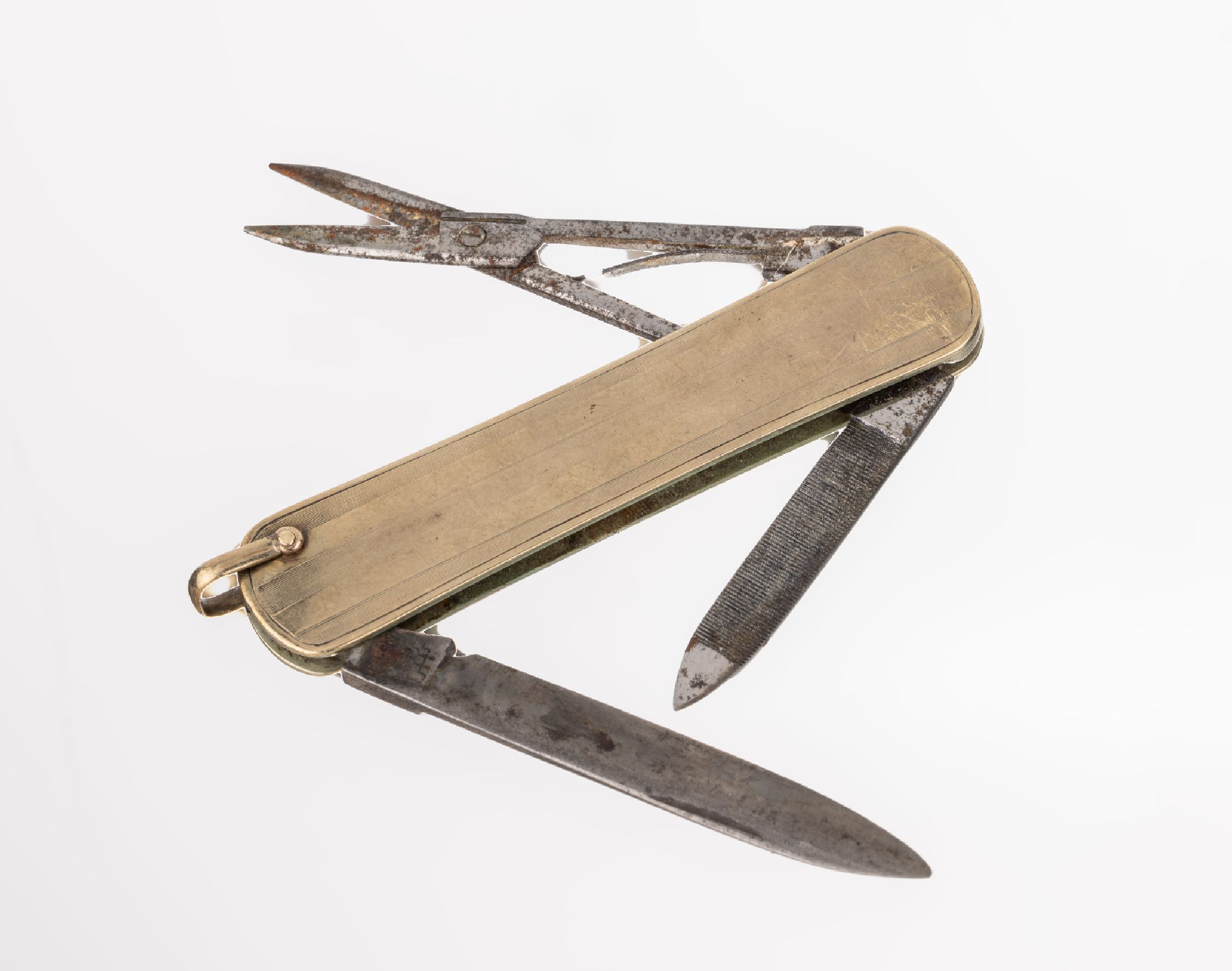 14 kt Gold Taschenmesser, Hülle GG 585/000,Gebr.-Teile Metall: Messer, Feile, Schere, L. ca. 7 cm