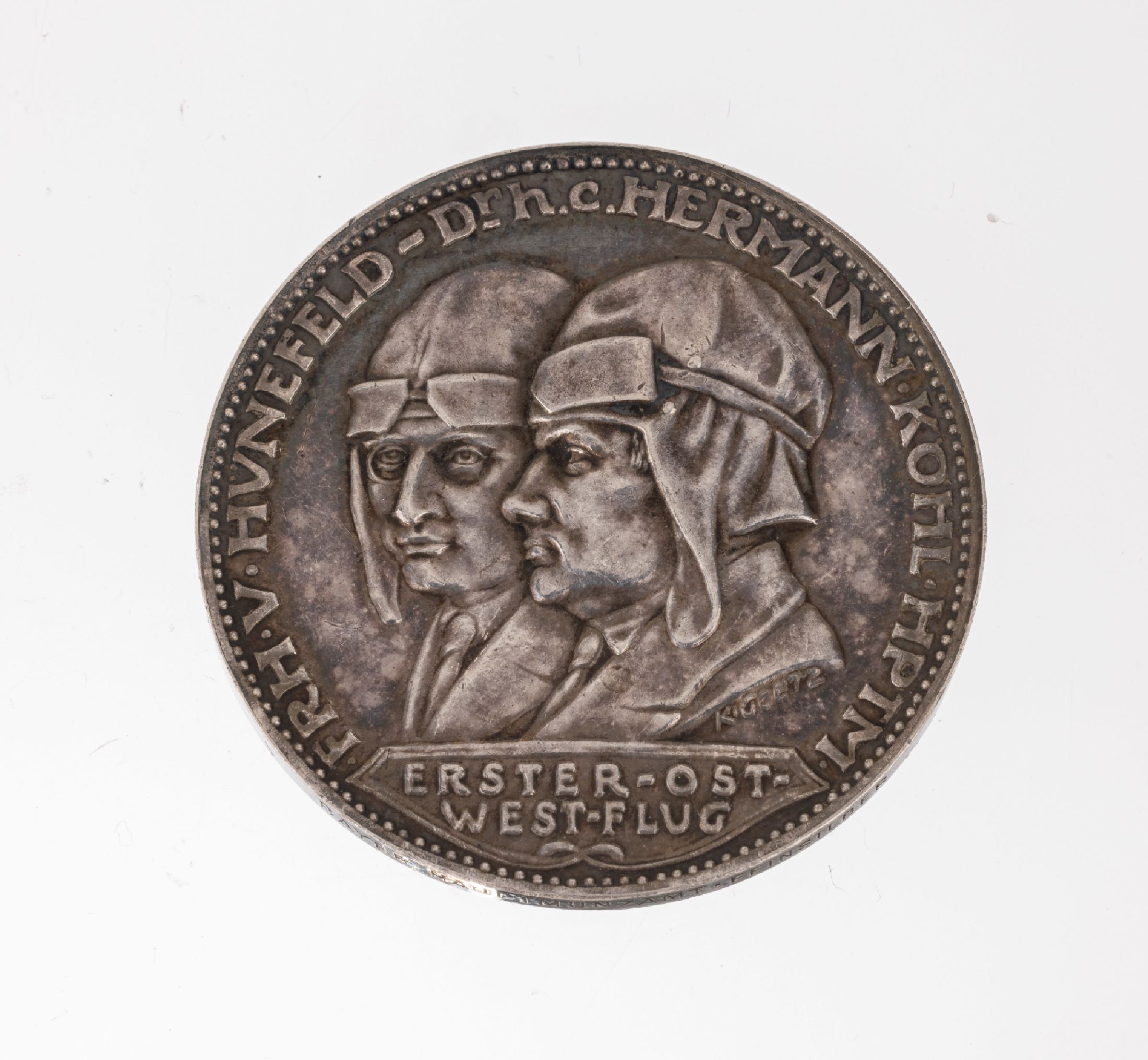 Medaille "Ozean-Flug der Bremen", 1928, Feinsilber, zur Erinnerung an den Flug der Bremen von Europa nach Amerika, AV: Darstellung der ...