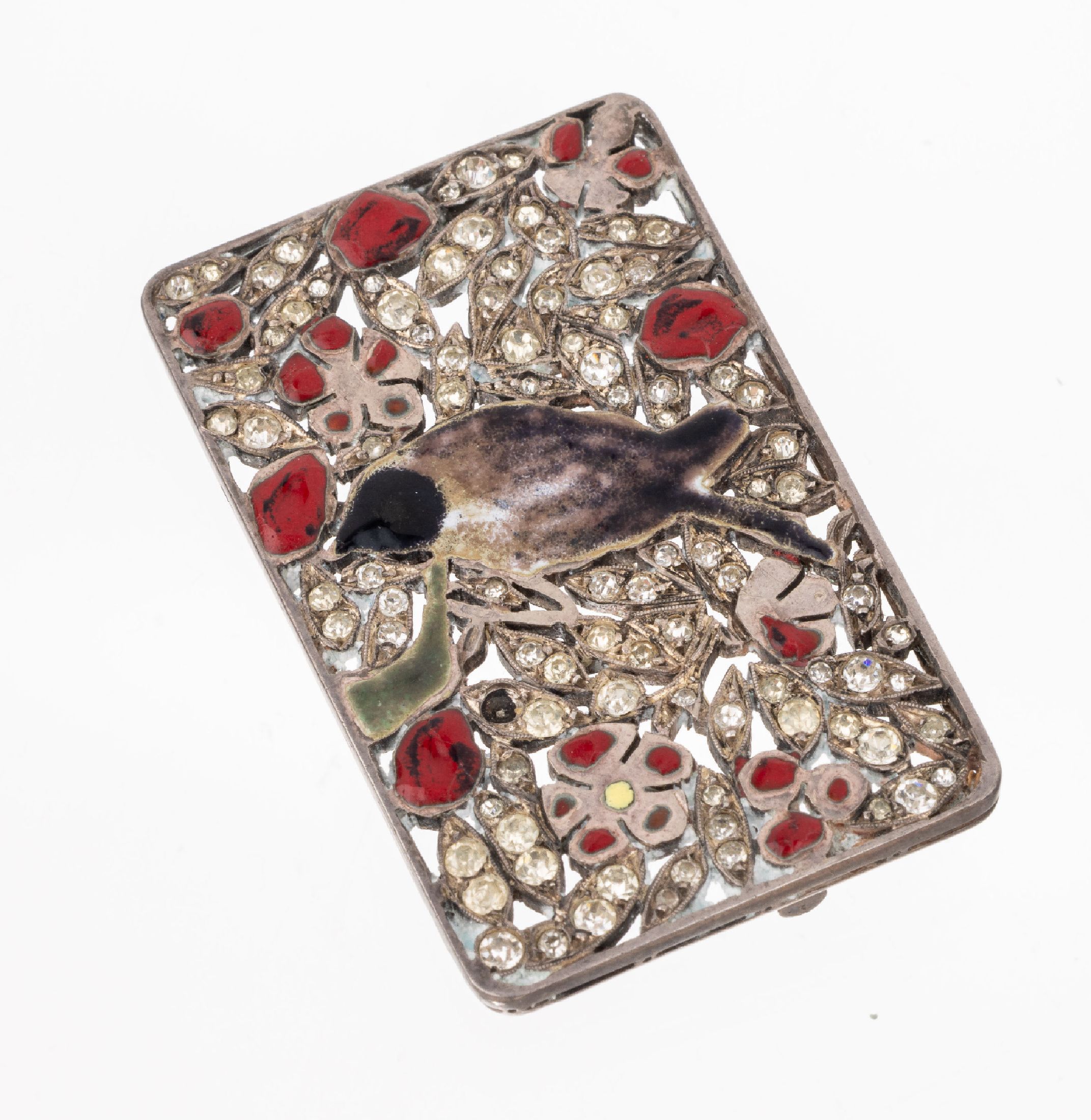 Jugendstil Brosche mit Email und Strass, Silber gepr., wohl Frankreich um 1900-10, rechteckig, Darstellung eines Vogels vor rotenBlüten, mit ...