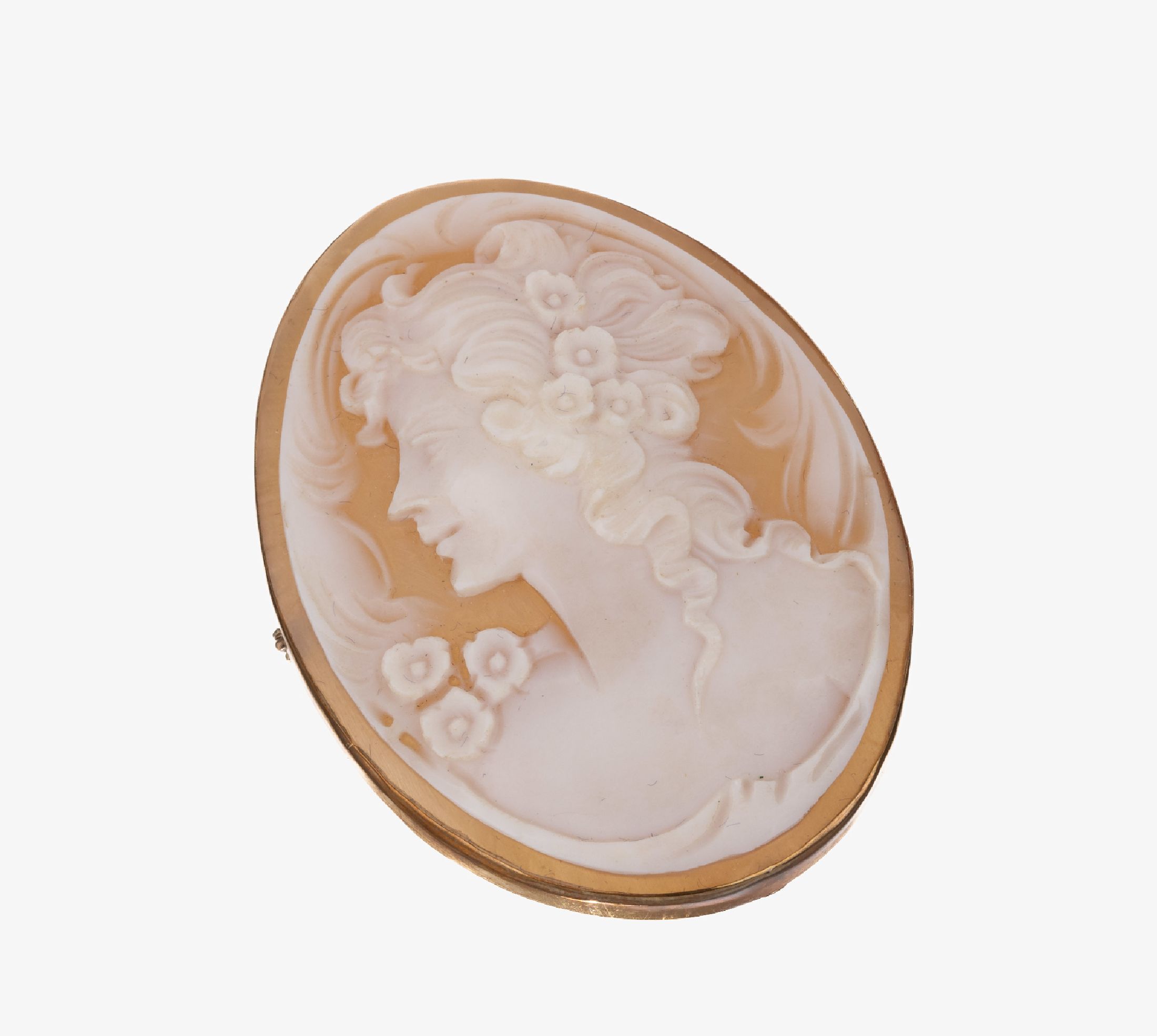 8 kt Gold Kamee-Brosche, wohl um 1900, GG 333/000 gepr., ovale Muschelkamee, Darstellung der Flora mit Blüten im Haar, ca. 5 x 4 cm, auch als ...