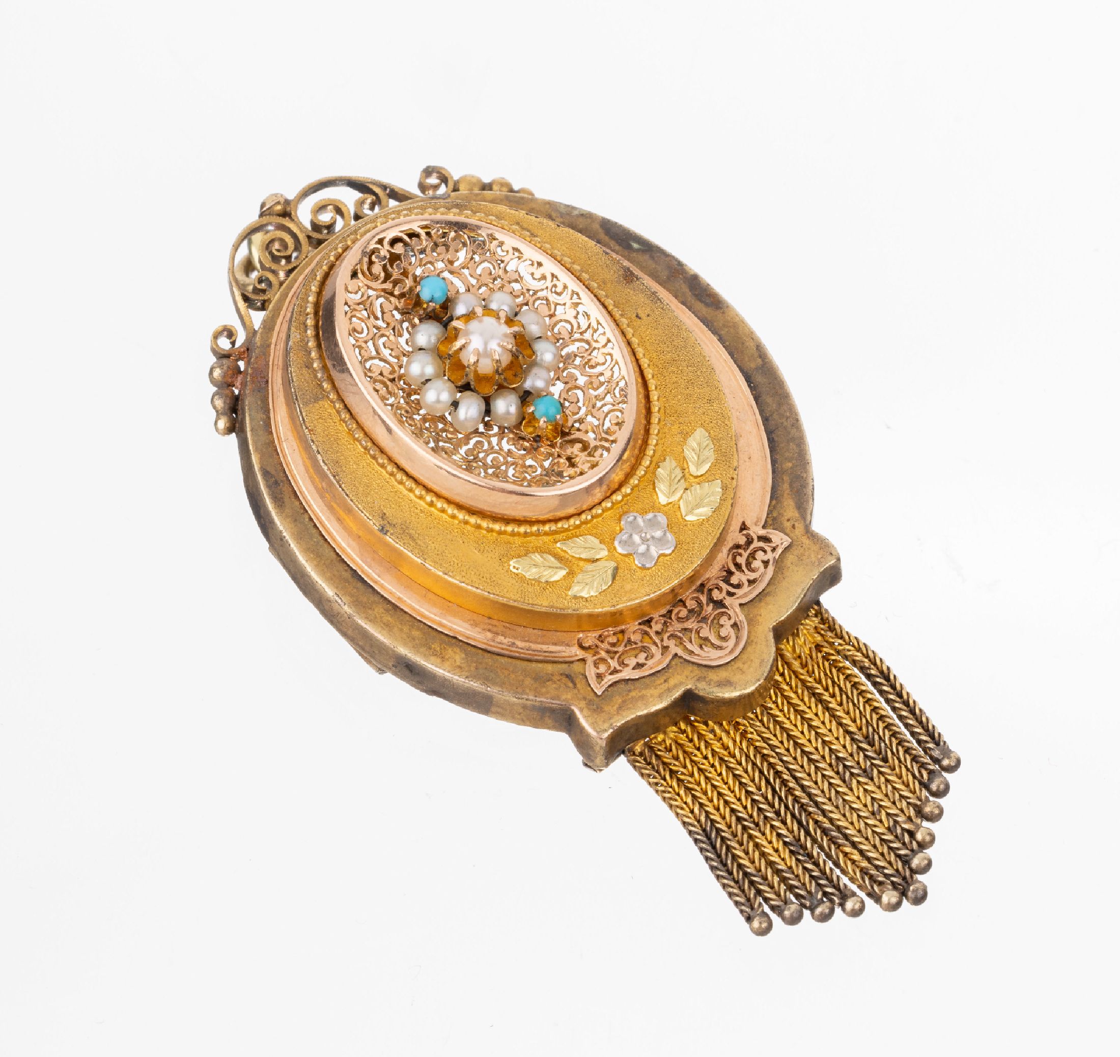 14 kt Gold Biedermeier-Brosche, GG/RG 585/000 und Silber, oval, in mehreren Ebenen aufgebaut, zentral durchbrochen gearbeitet, von Hand ausgesägt, ...