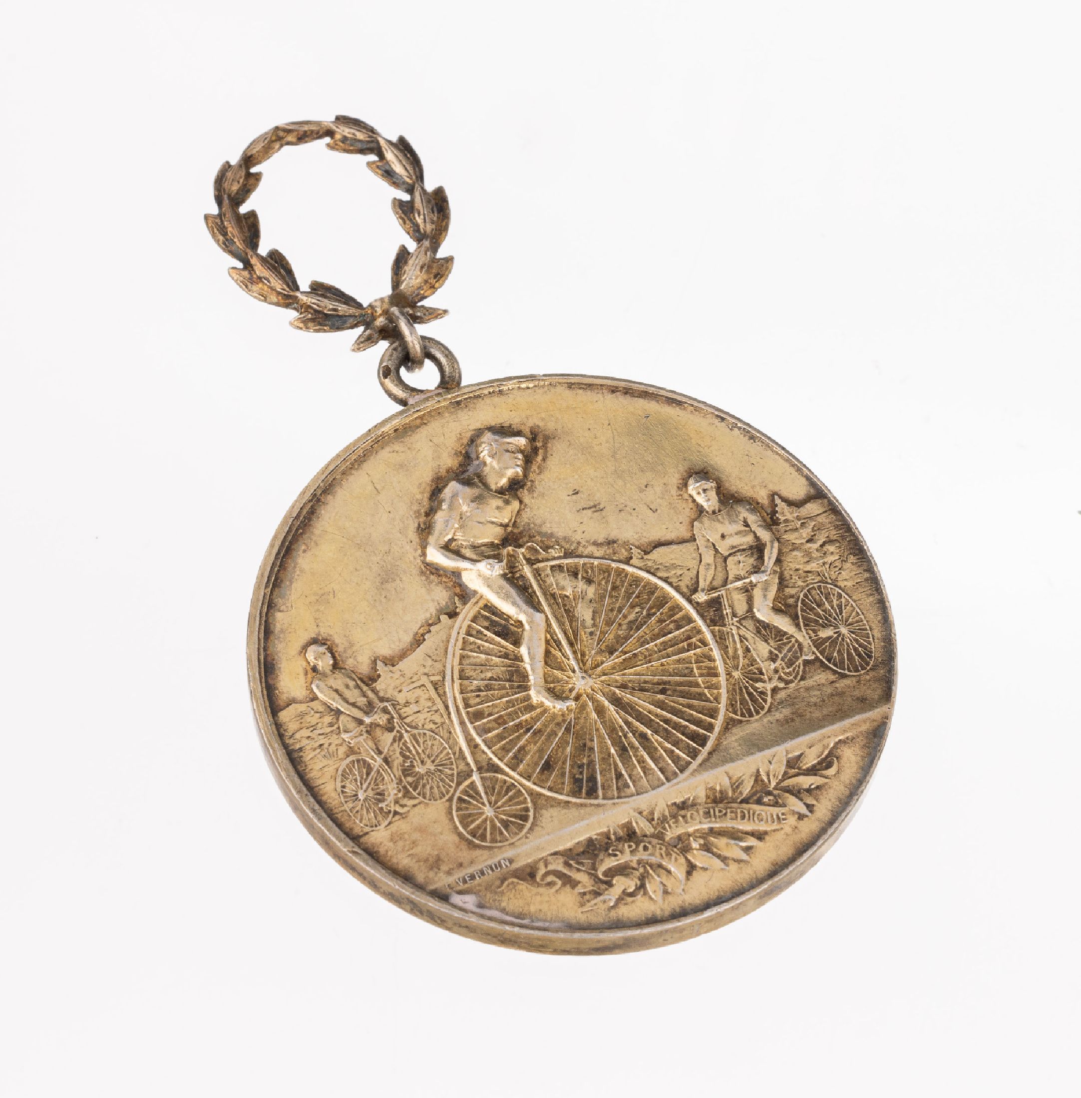 Detail a: Medaille "Sport Velocipedique", Frankreich 1891, Silber, (gepr.) verg., Medaille zum Hochradrennen in Maintenon 1891, AV: Hochradfahrer, ...