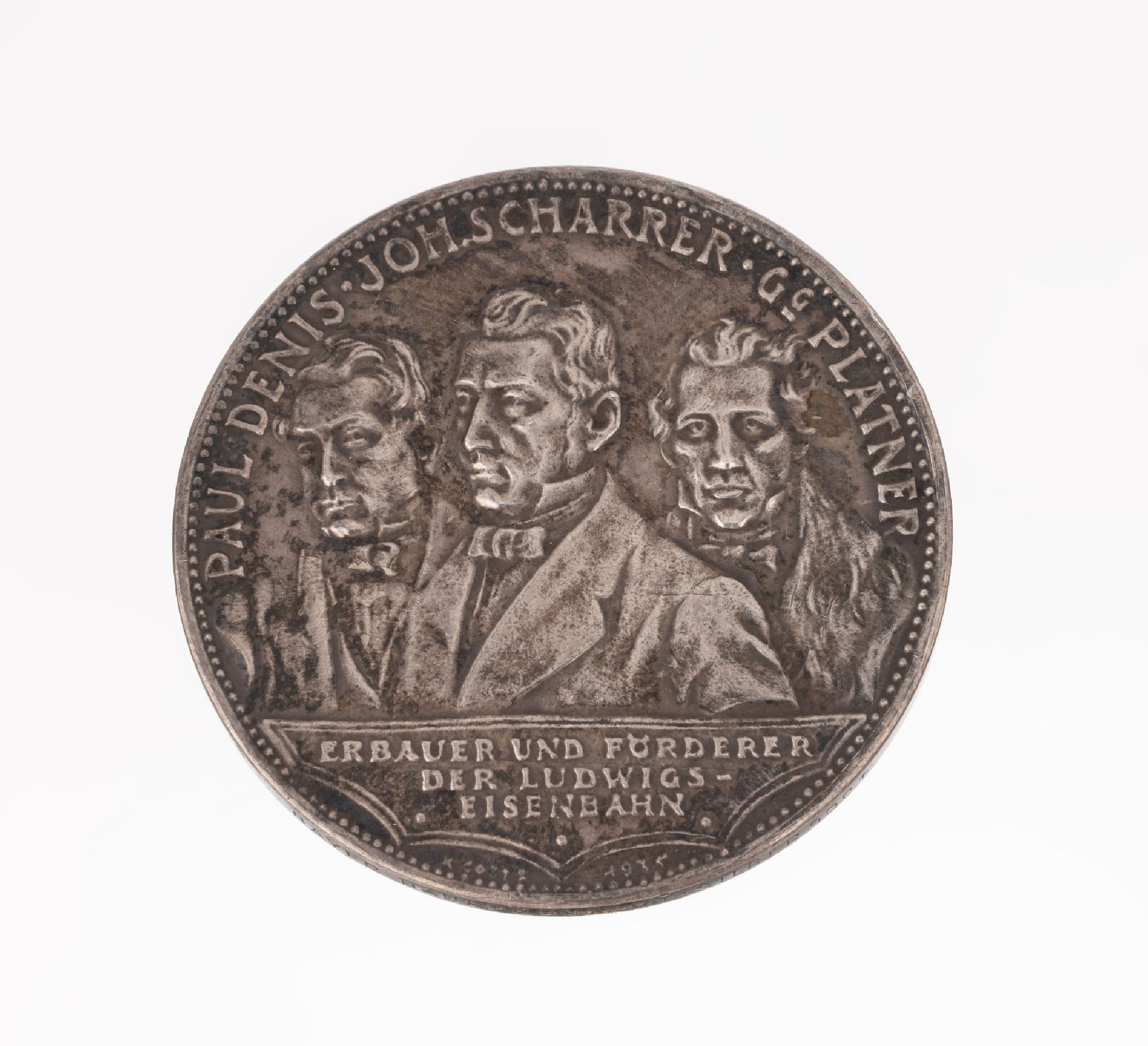 Silber Gedenkmedaille, 1835, Eröffnung der ersten Deutschen Eisenbahn 7. Dezember 1835, Nürnberg-Fürth, RV: Paul Denis, Johannes Scharer und ...