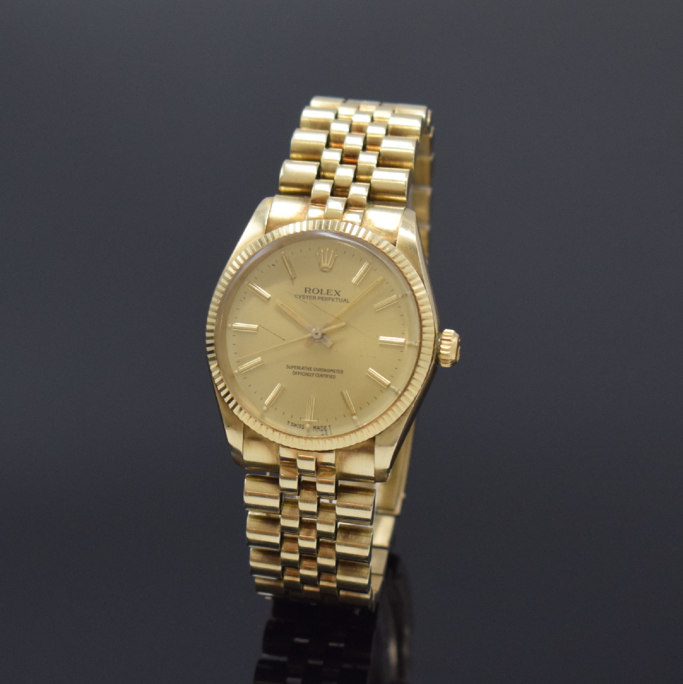 ROLEX Armbanduhr Oyster Perpetual 34 in GG 585/000 Referenz 1005/1002, Automatik, Schweiz um 1978, Chronometer der Superlative, Boden und Krone ...