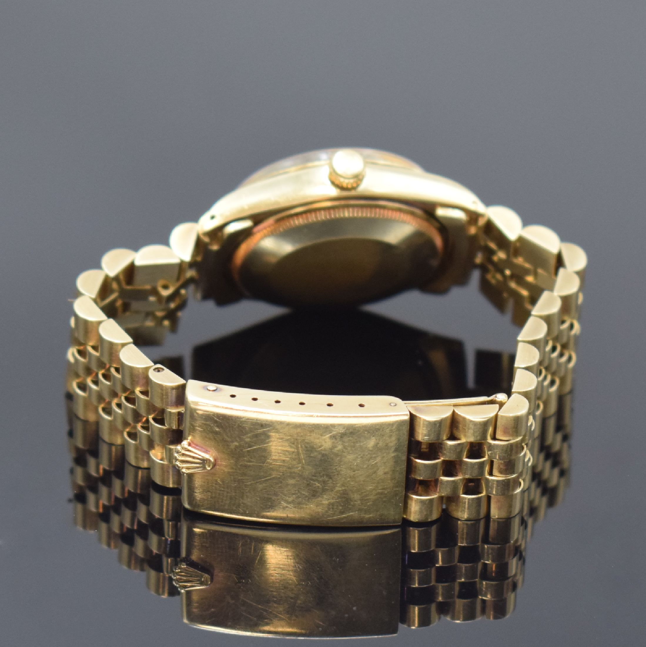 Detail b: ROLEX Armbanduhr Oyster Perpetual 34 in GG 585/000 Referenz 1005/1002, Automatik, Schweiz um 1978, Chronometer der Superlative, Boden und Krone ...