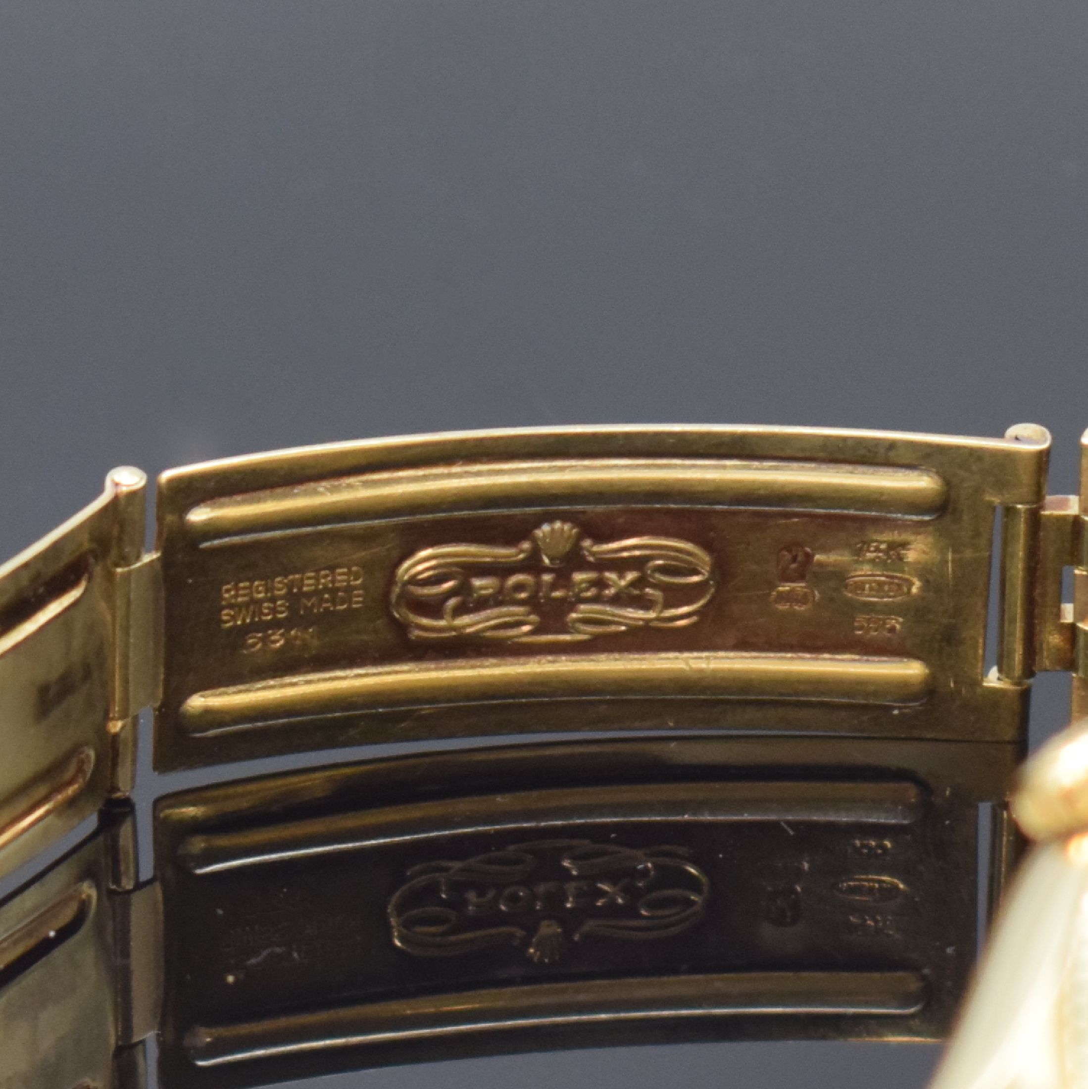 Detail c: ROLEX Armbanduhr Oyster Perpetual 34 in GG 585/000 Referenz 1005/1002, Automatik, Schweiz um 1978, Chronometer der Superlative, Boden und Krone ...