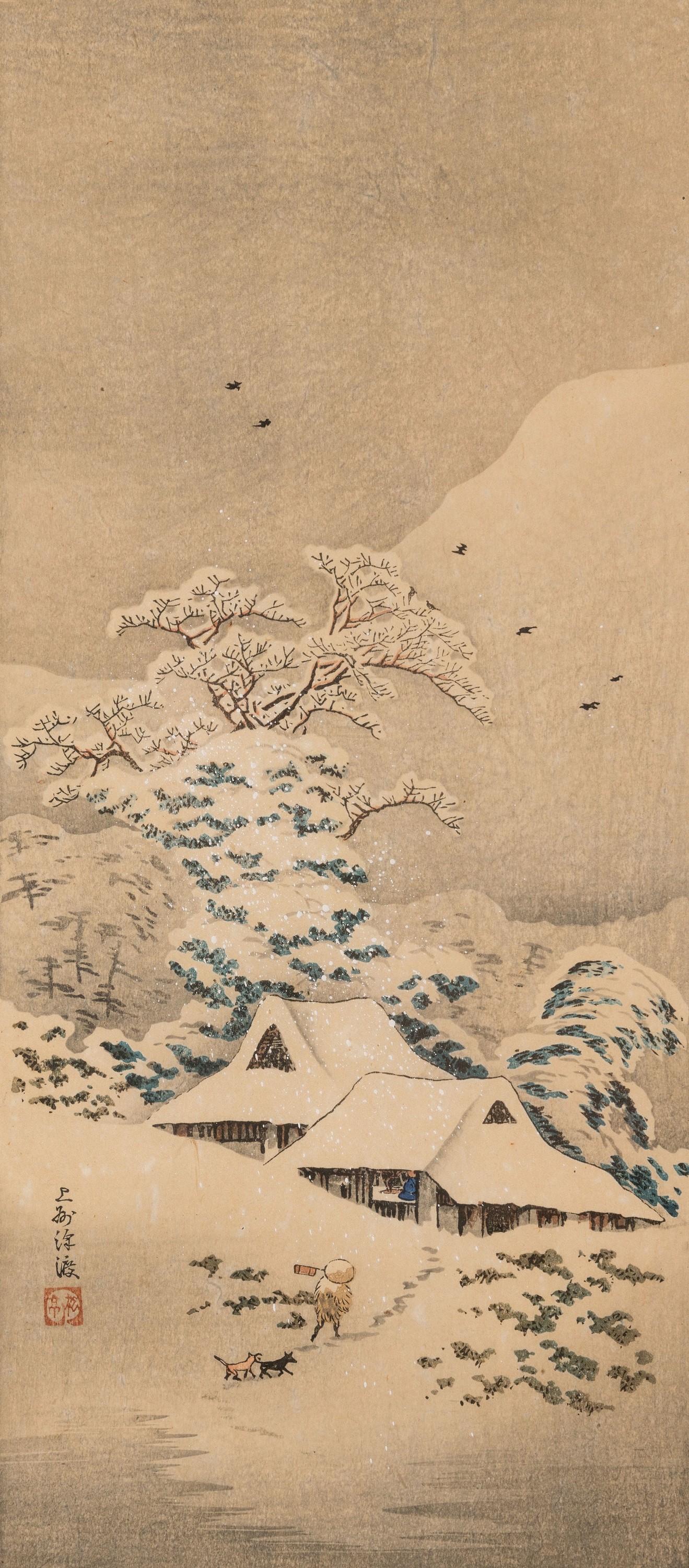 Hiroaki Takahashi Shotei, 1871 Tokyo-1945, Japanischer Holzschnittkünstler, Farbholzschnitt mit Weisshöhung, "Sawatari in Joshu", ...