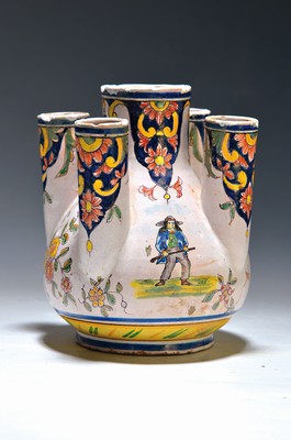 Image 26740839 - Rare tulip vase, Rouen, France, 2nd half of the 18th century, faience, reddish shards, polychrome muffle colors, floral decoration, two-sided depiction of a farmer and a farmer's wife, five spouts for flowers, multiple slight bumps, marked "P.B" on the bottom, h. 19 cm