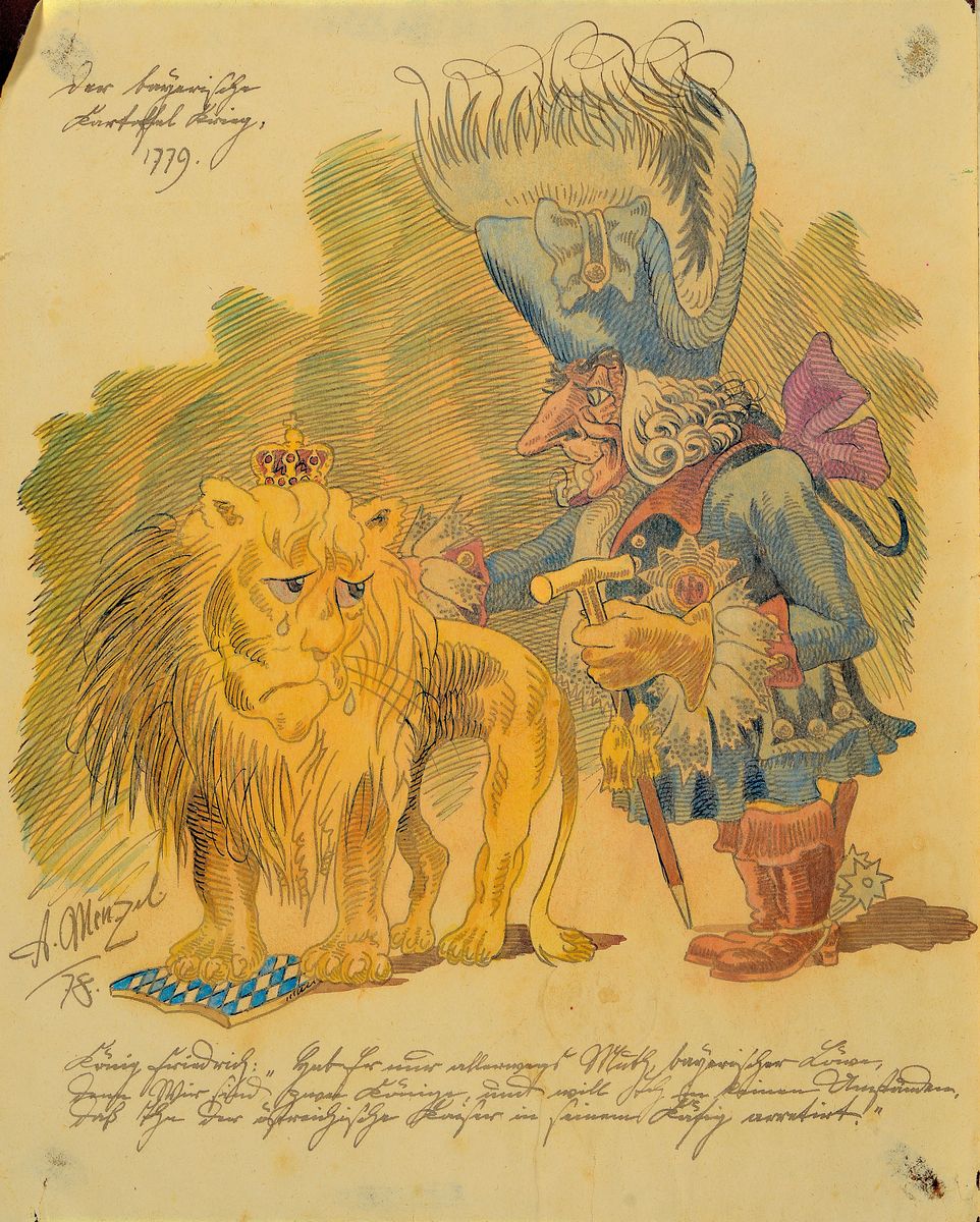 Zuschreibung: Adolph von Menzel, 1815-1905, Der bayerische Kartoffelkrieg, aquarellierte Tuschfederzeichnung dat. 1878, betitelt: Der bayerische ...