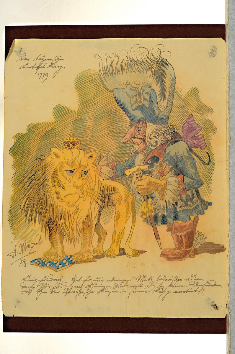 Detail k: Zuschreibung: Adolph von Menzel, 1815-1905, Der bayerische Kartoffelkrieg, aquarellierte Tuschfederzeichnung dat. 1878, betitelt: Der bayerische ...