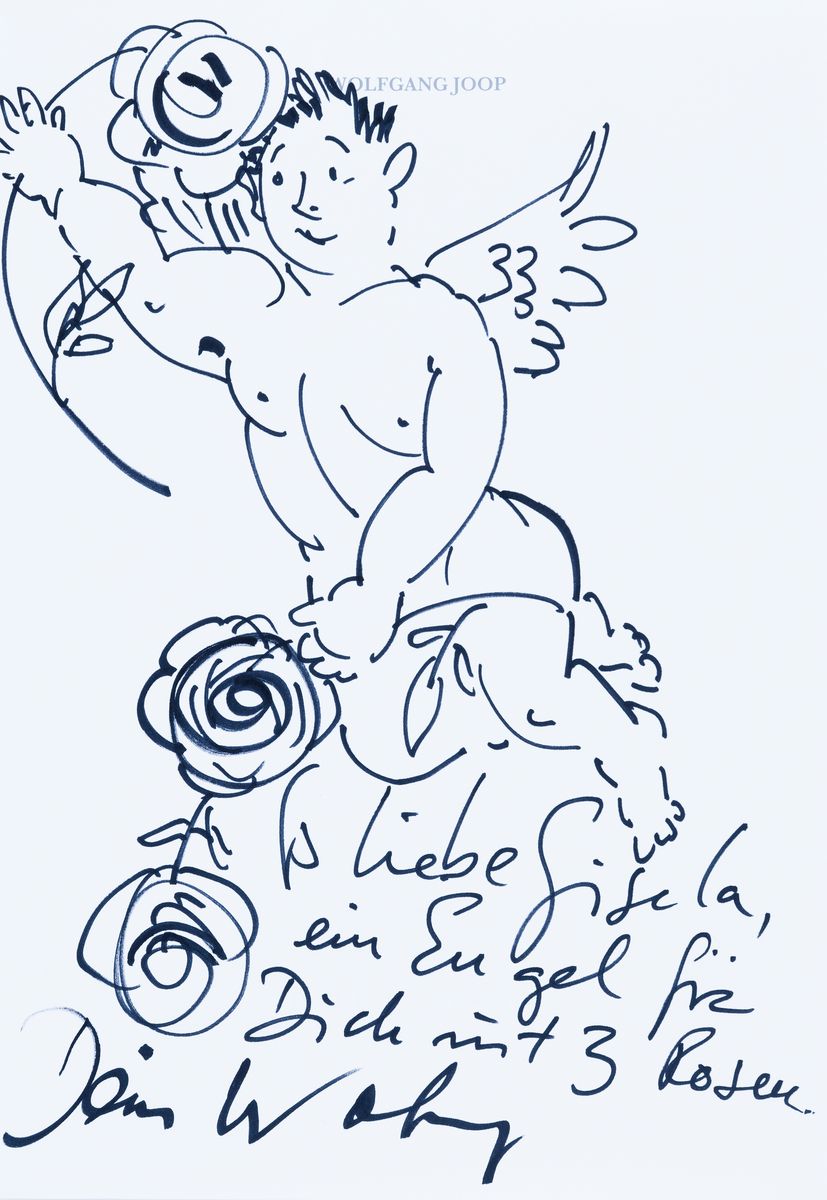 Wolfgang Joop, geb. 1944, Filzstiftzeichnung auf Briefpapier, Engel und Rosen, Widmung: Liebe Gisela, ein Engel für dich mit drei Rosen, dein ...
