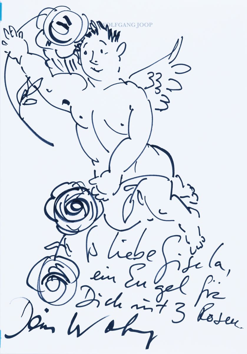 Detail k: Wolfgang Joop, geb. 1944, Filzstiftzeichnung auf Briefpapier, Engel und Rosen, Widmung: Liebe Gisela, ein Engel für dich mit drei Rosen, dein ...