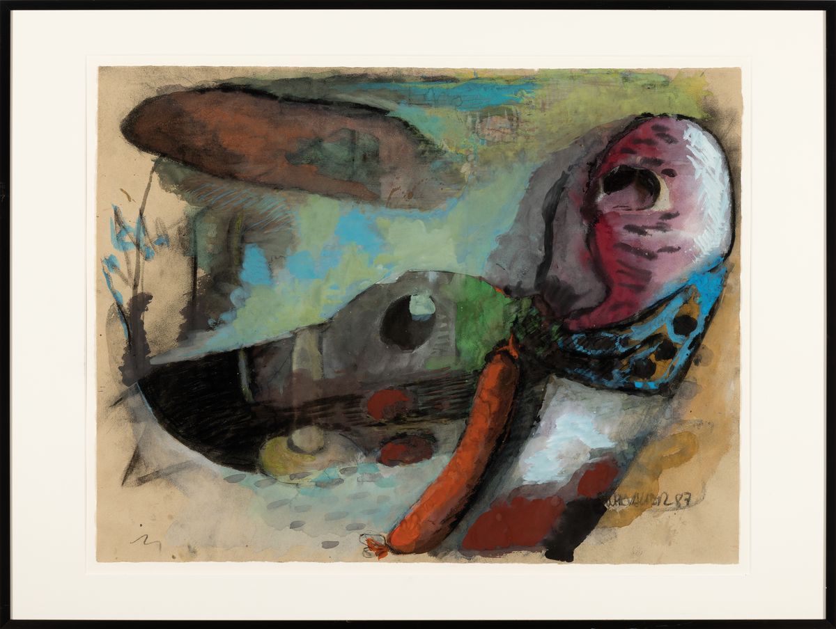 Peter Chevalier, geb. 1953 Karlsruhe, Surreale Komposition, Mischtechnik auf Papier, rechts unten sign. und dat. 87, ca. 48x62cm, u.Gl., R. ca. ...