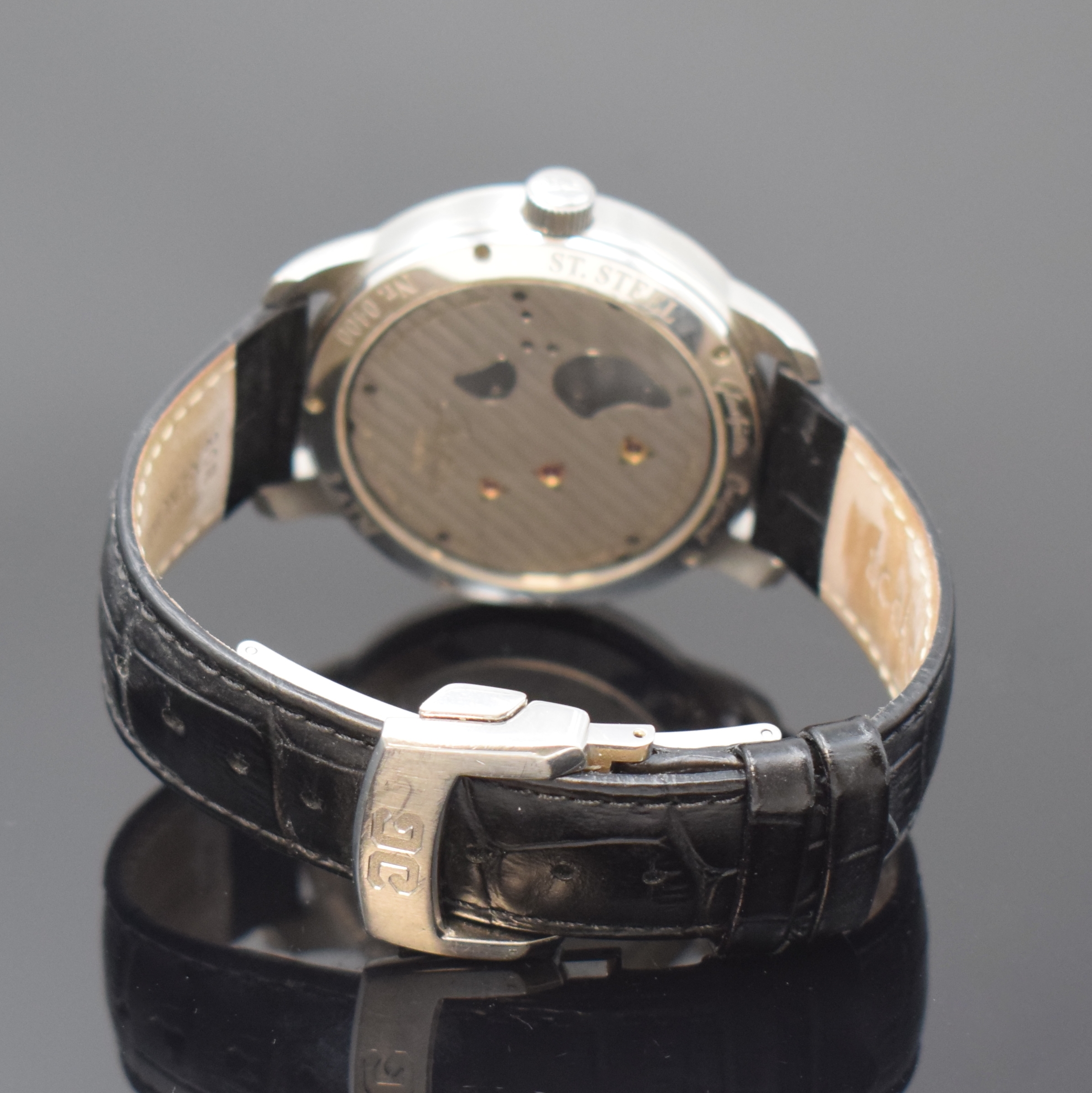Detail b: GLASHÜTTE Original PanoInverse Herrenarmbanduhr in Stahl, Deutschland um 2020, Handaufzug, beids. vergl. Geh. inkl. neutr. Lederband m. orig. dopp. ...