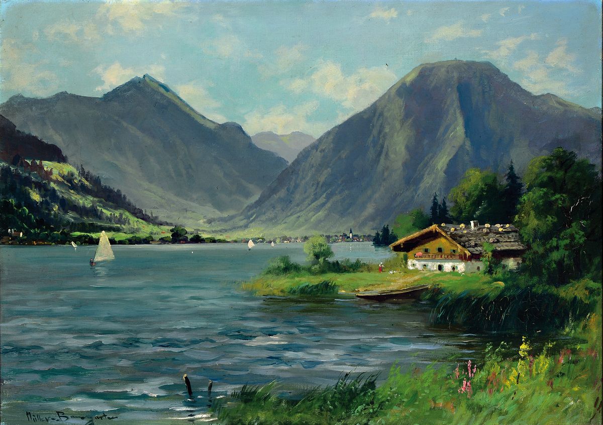 Carl Müller-Baumgarten, 1879 Leipzig-1964 München, Landschaft am Chiemsee, Öl/Lwd, links unten sign., ca. 50x70cm, R. ca. 58x78cm