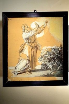 26741063k - Lorenz Clasen, 1812 Düsseldorf-1886 Leipzig, 5 large-format boxes for church paintings, these partly already punched, watercolor with white highlights, arcangel Michael with sword, signed lower right, expulsion from paradise, priest in front of altar, group of figures as parts of the Ascension of Christ, sacrifice Isaaks, folded with clear traces of use, framed, various sizes approx. 120/126x98 cm, 3x under glass