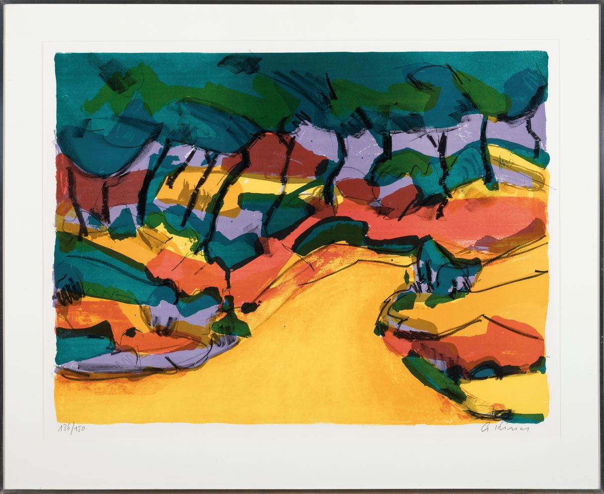 Detail b: Gernot Kissel, 1939 Worms-2008, drei Farblithographien, alle handsigniert, a) Landschaft, num. 136/150, ca. 49x66cm, u.Gl., R. ca. 65x82cm; b) ...