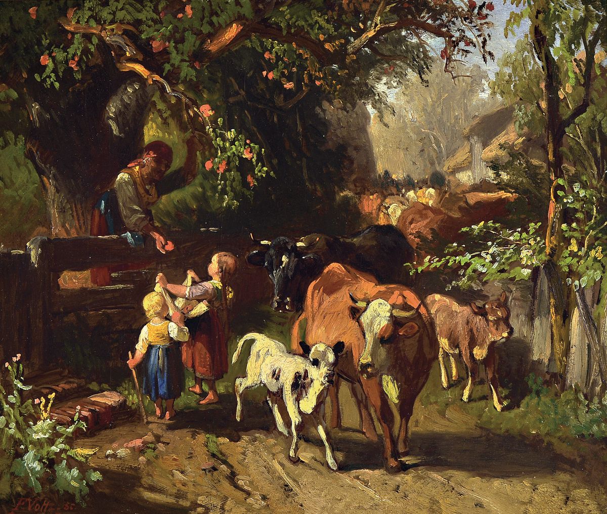 Friedrich Voltz, 1817 Nördlingen-1886 München, Kühe werden durchs Dorf getrieben, seitlich pflückt eine junge Frau Äpfel vom Baum für die ...