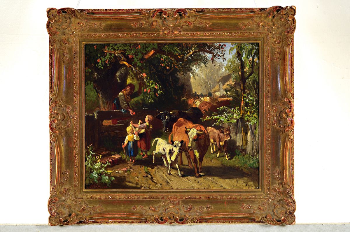 Detail k: Friedrich Voltz, 1817 Nördlingen-1886 München, Kühe werden durchs Dorf getrieben, seitlich pflückt eine junge Frau Äpfel vom Baum für die ...