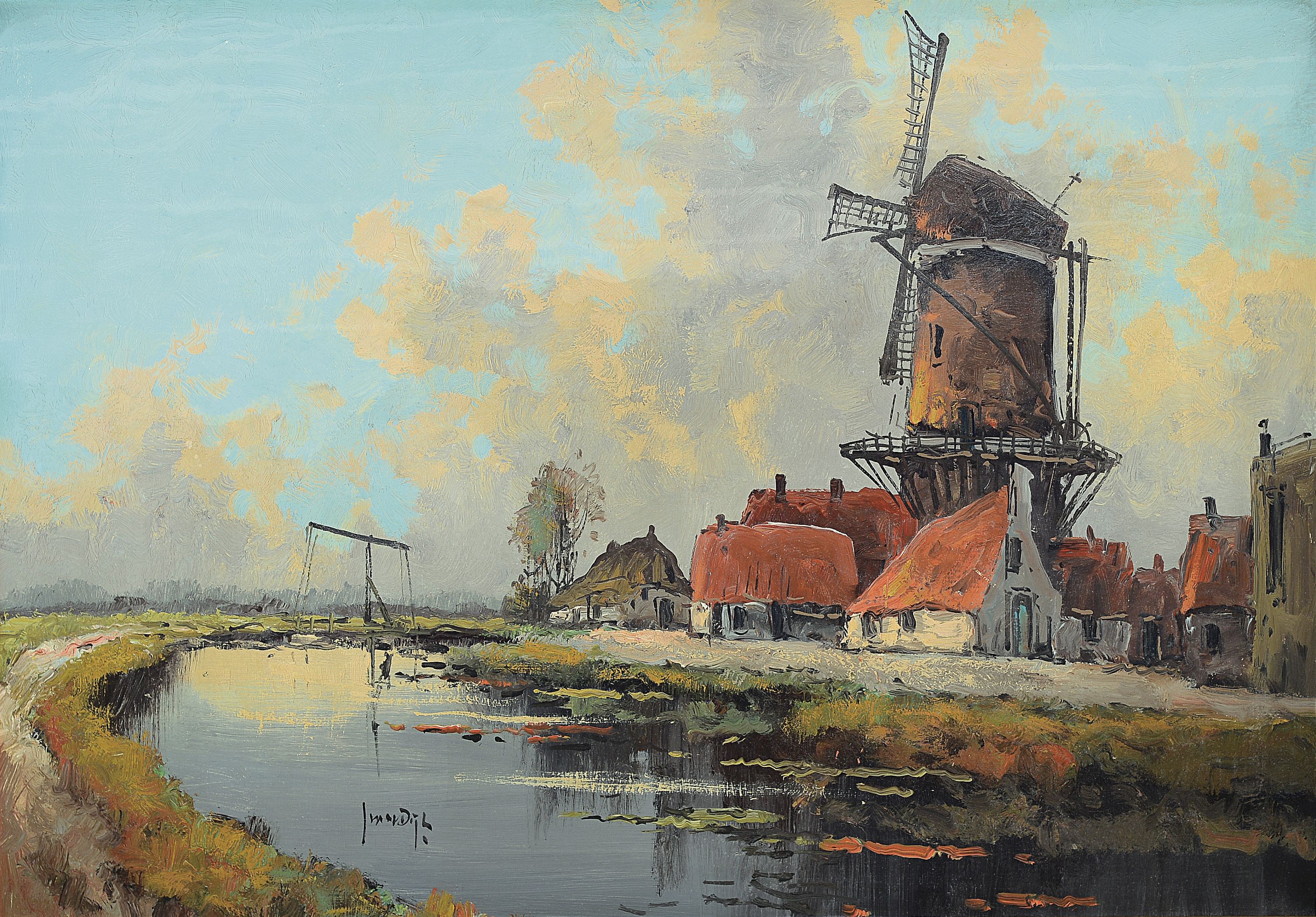 Jos van Dijk, 1913-2000, Holländische Landschaft mit Kanal und Windmühle, Öl/Lwd, li. u. sign., ca. 70x100cm, R. ca. 88x118cm