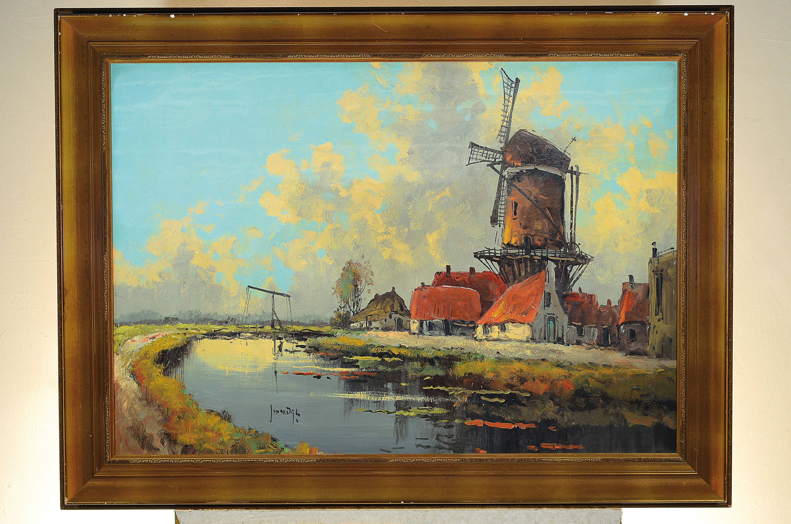 Detail k: Jos van Dijk, 1913-2000, Holländische Landschaft mit Kanal und Windmühle, Öl/Lwd, li. u. sign., ca. 70x100cm, R. ca. 88x118cm