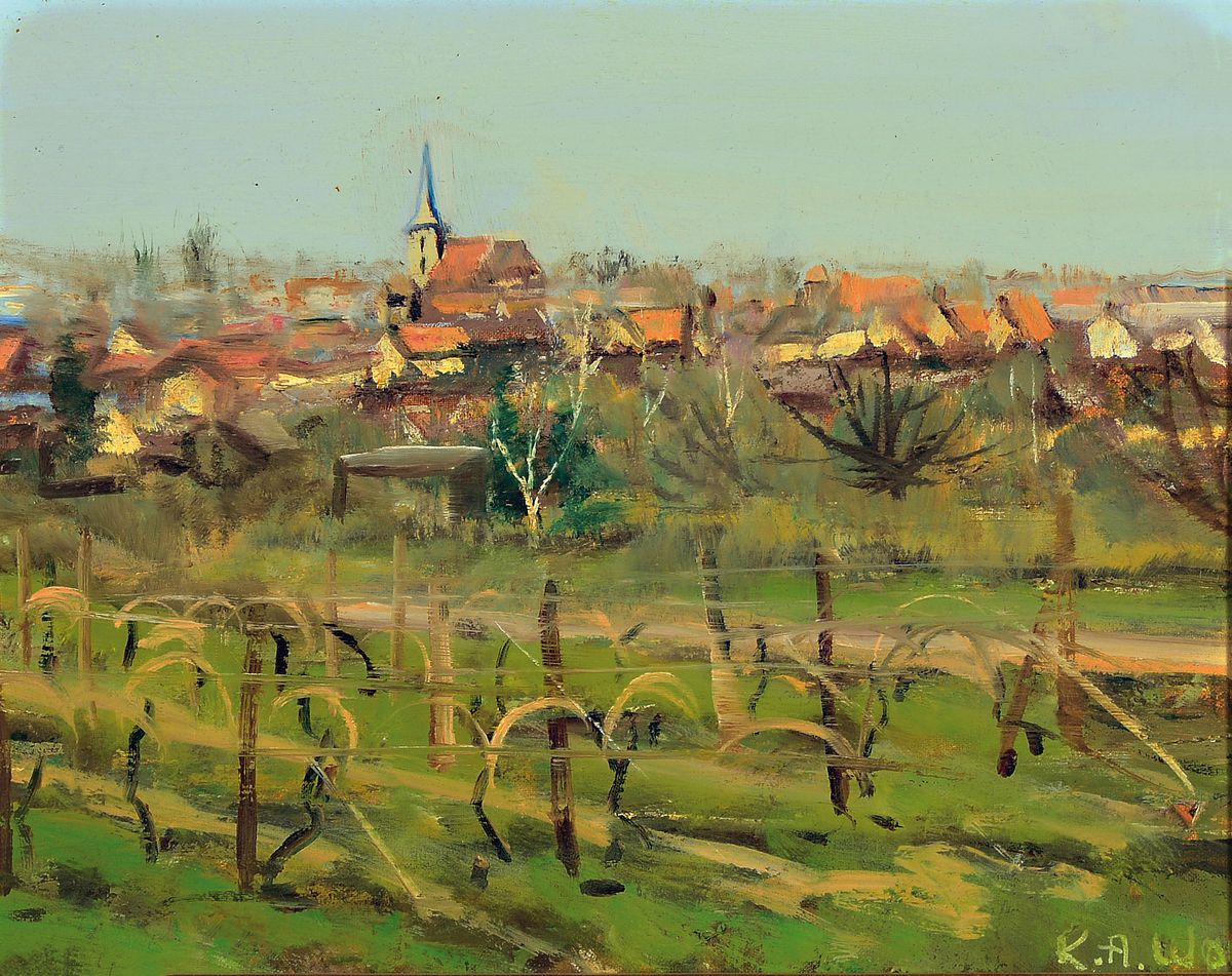 Karl August Wolff, geb. 1938 Ludwigshafen am Rhein, Blick auf Freinsheim, Öl/Lwd, re. u. sign., ca. 24x30cm, R. ca. 37x43cm