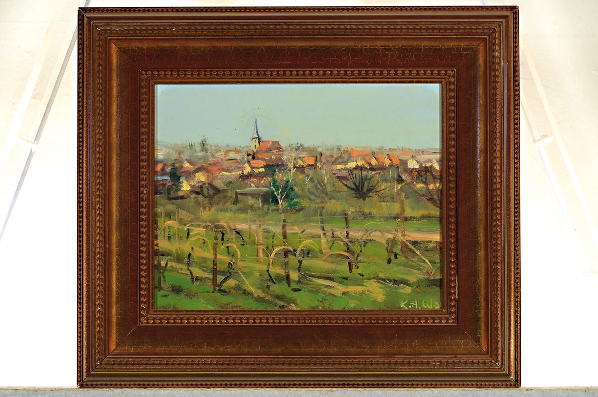 Detail k: Karl August Wolff, geb. 1938 Ludwigshafen am Rhein, Blick auf Freinsheim, Öl/Lwd, re. u. sign., ca. 24x30cm, R. ca. 37x43cm