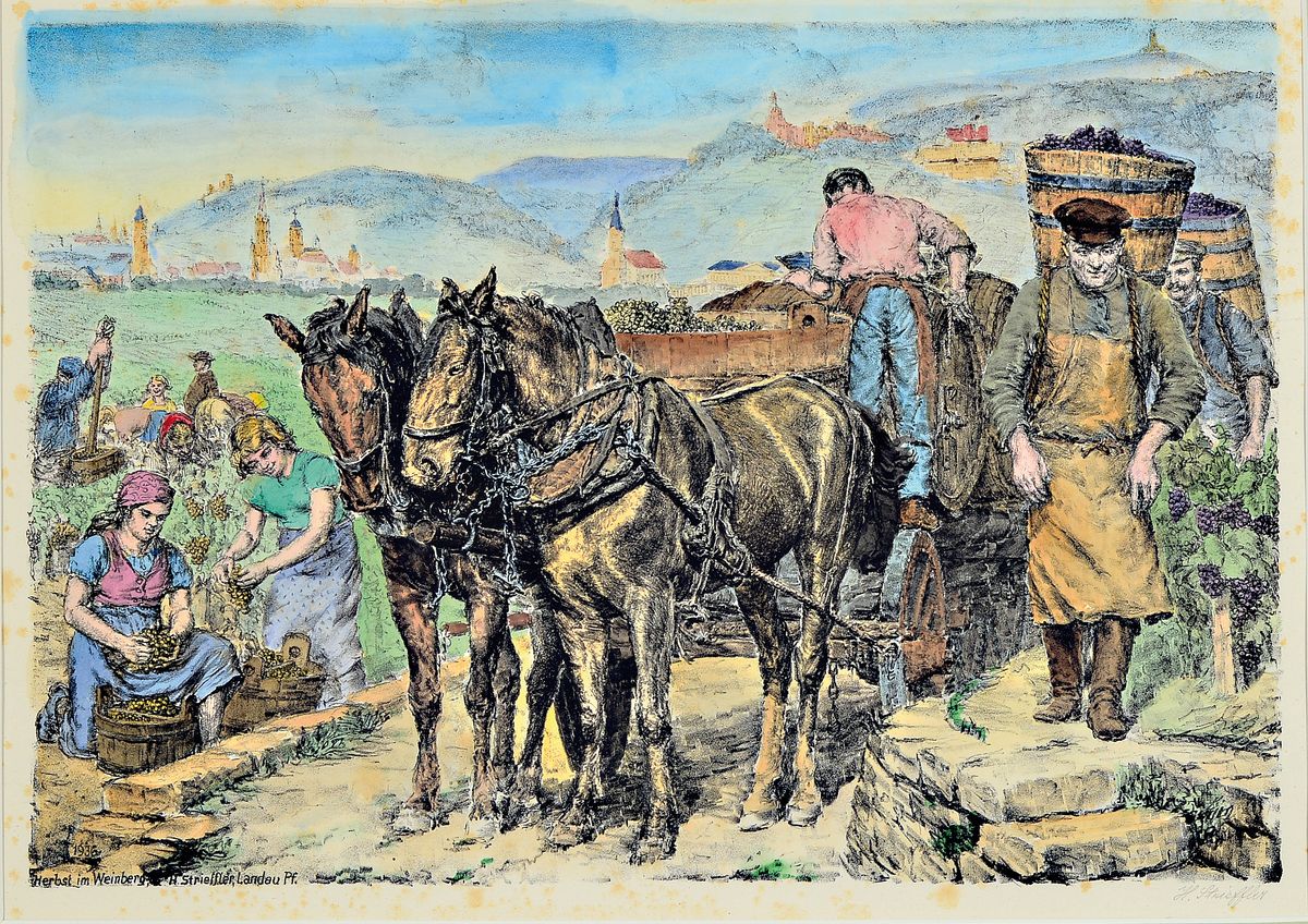 Heinrich Strieffler, 1872 Neustadt-1949 Landau, 2 aquarellierte Lithographien: Pfälzer Trachtenwagen, handsign., ca. 25x 37cm, u.Gl., R. ca. ...